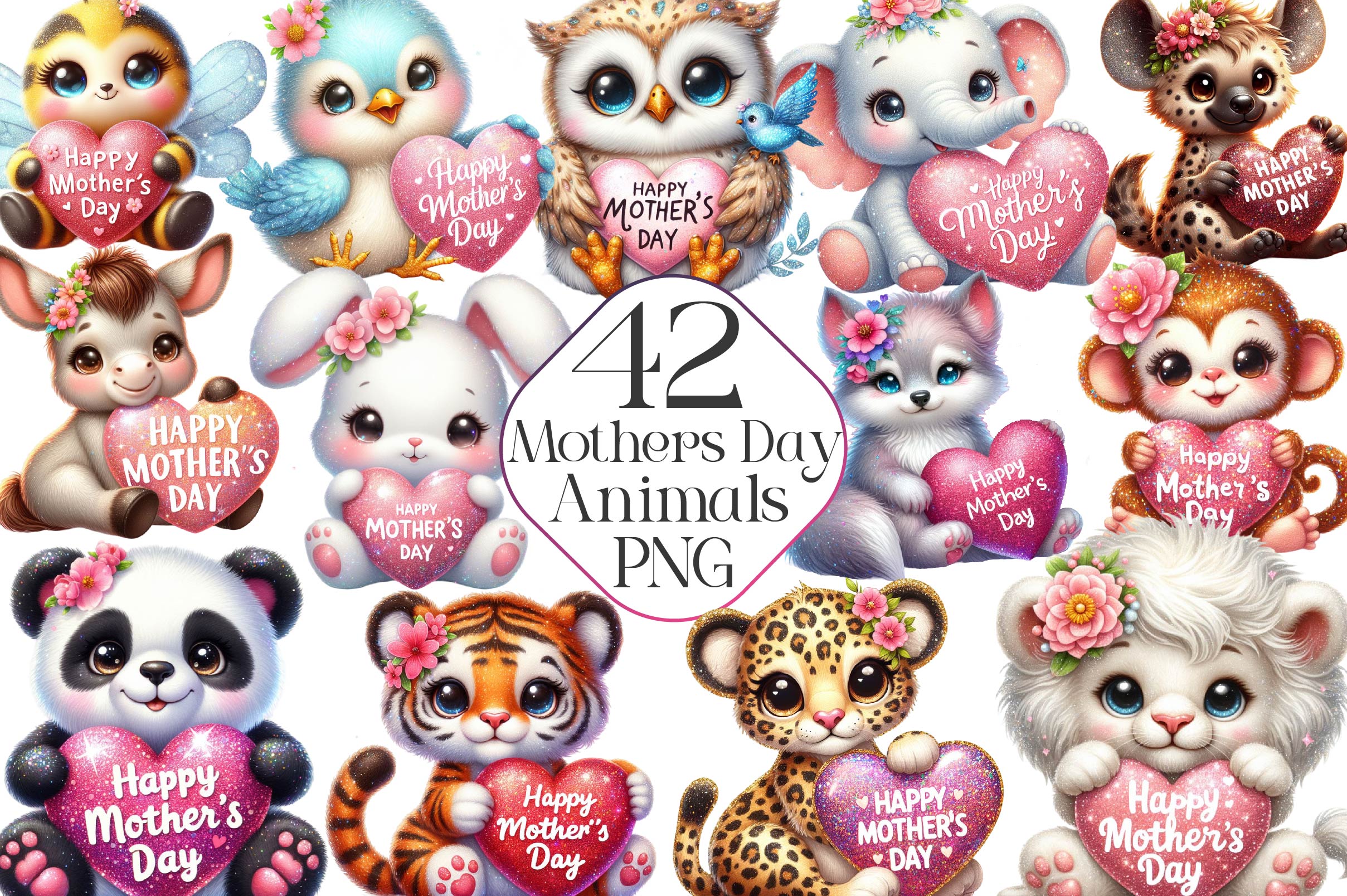 Cute Happy Mothers Day Animals Clipart Bundle