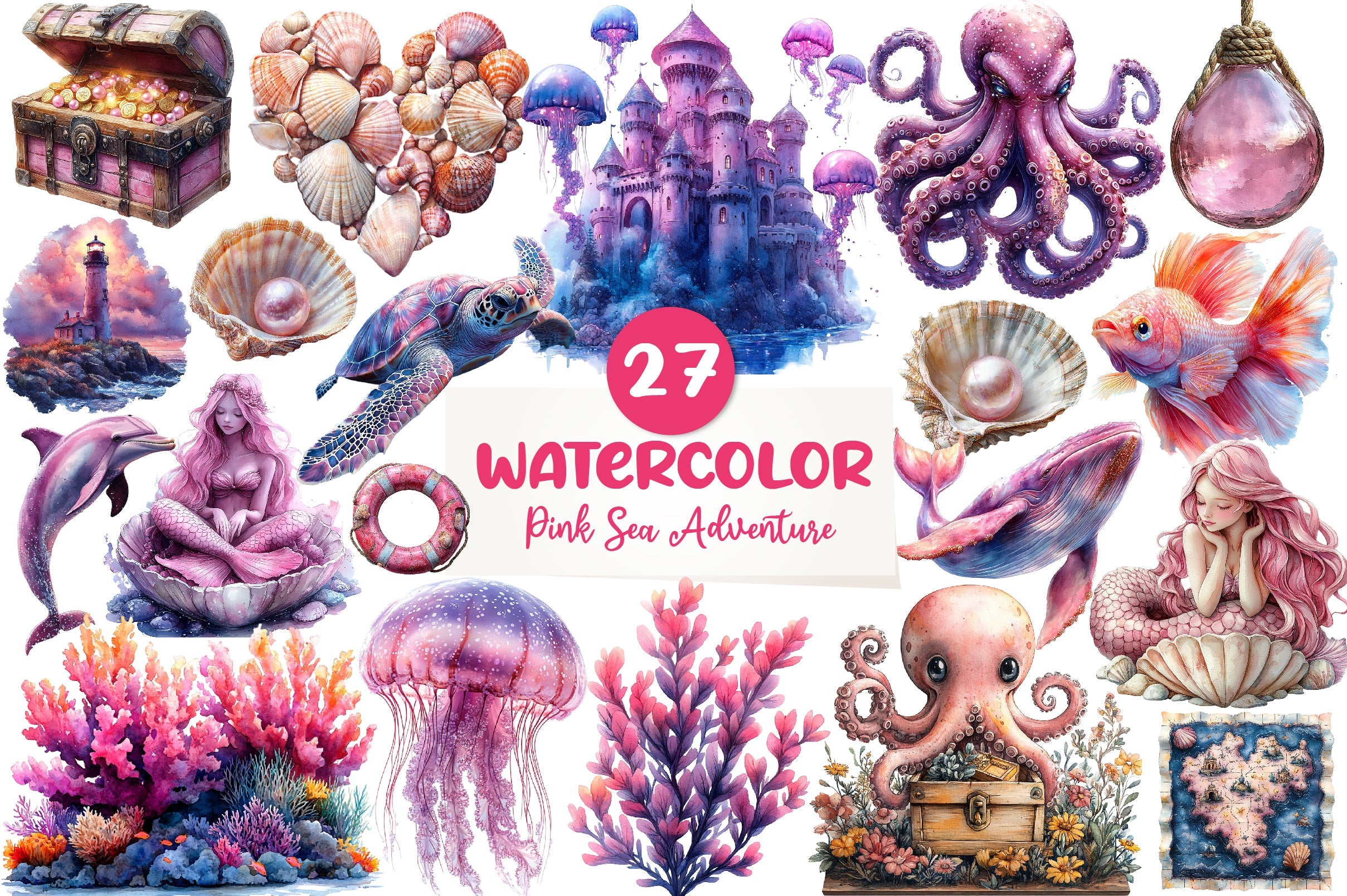 Pink Sea Adventure Clipart Bundle
