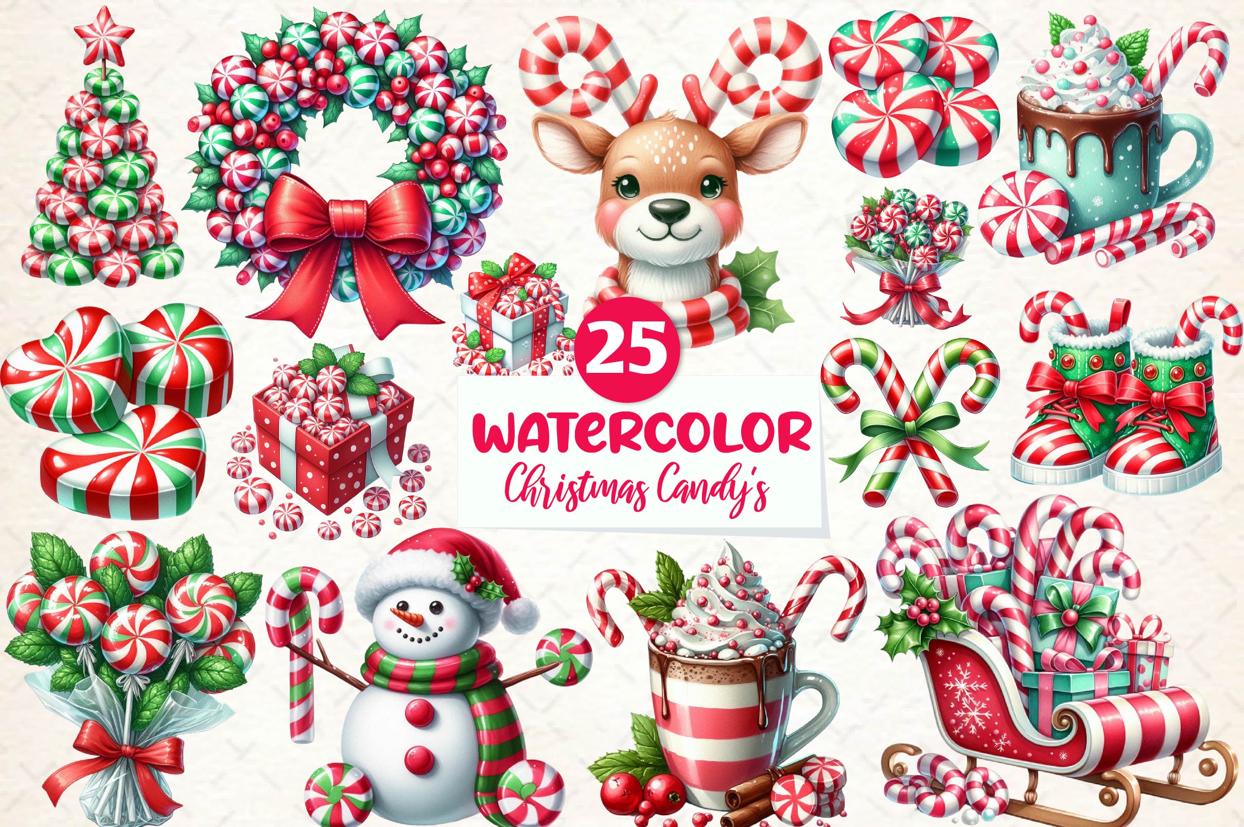 Red Green Christmas Peppermint Candies Clipart Bundle