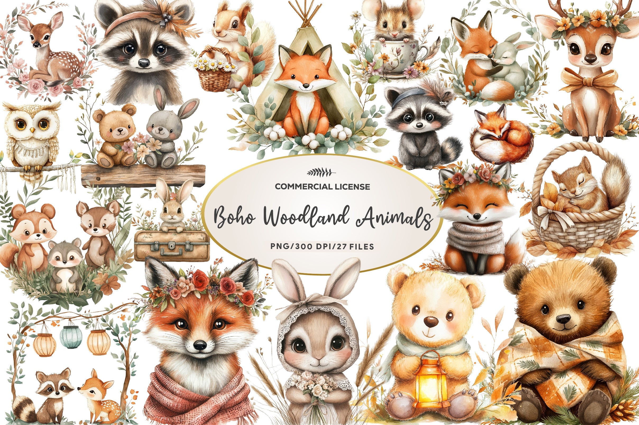 Boho Woodland Animals Cute Animals Clipart Bundle