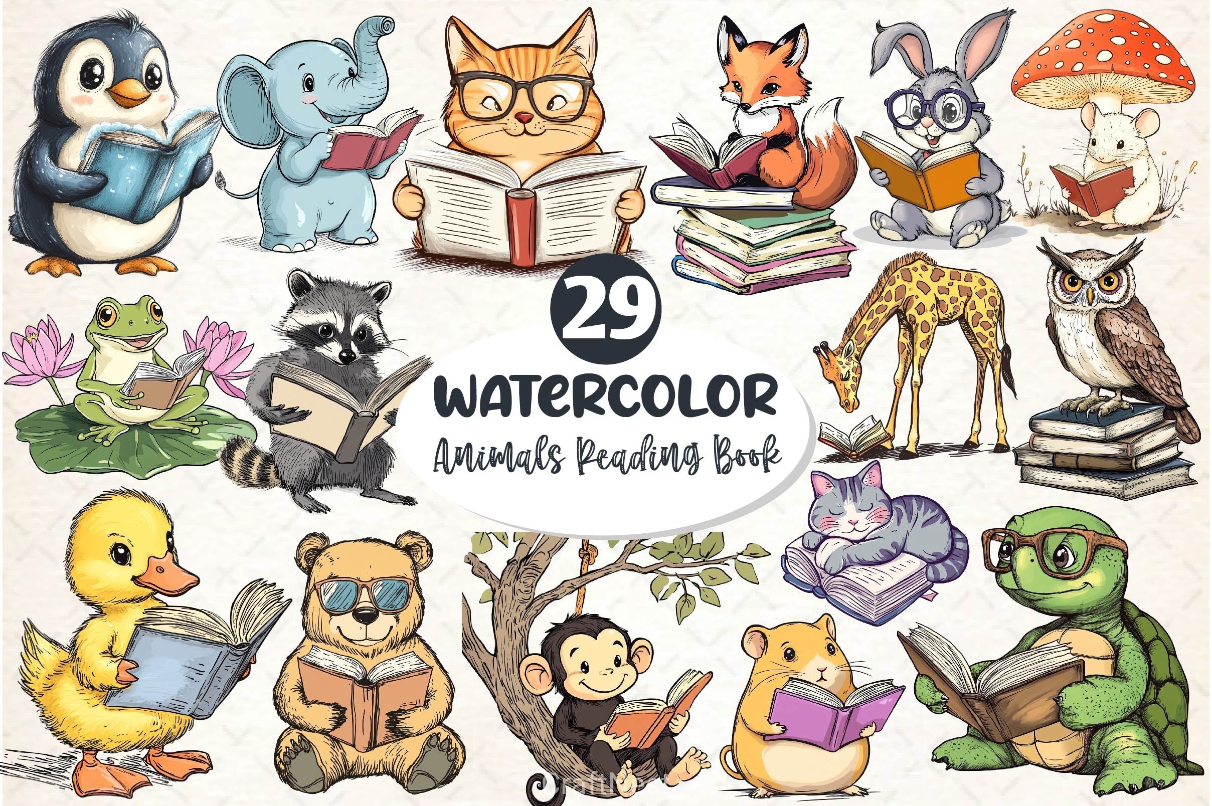 Funny Animals Reading Book Clipart Bundle 3
