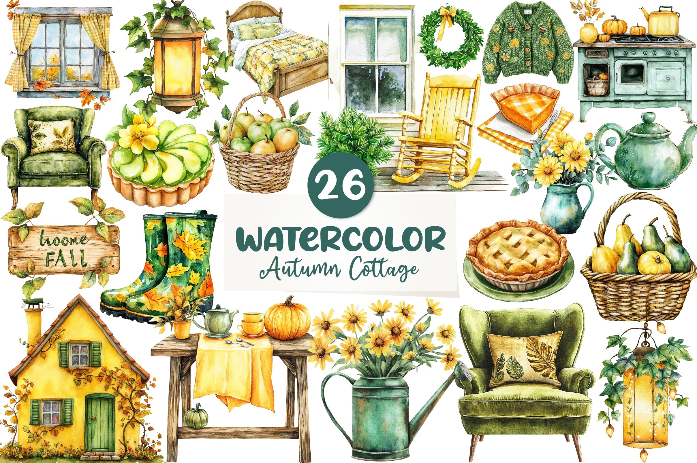 Yellow & Green Autumn Cottage Clipart Bundle