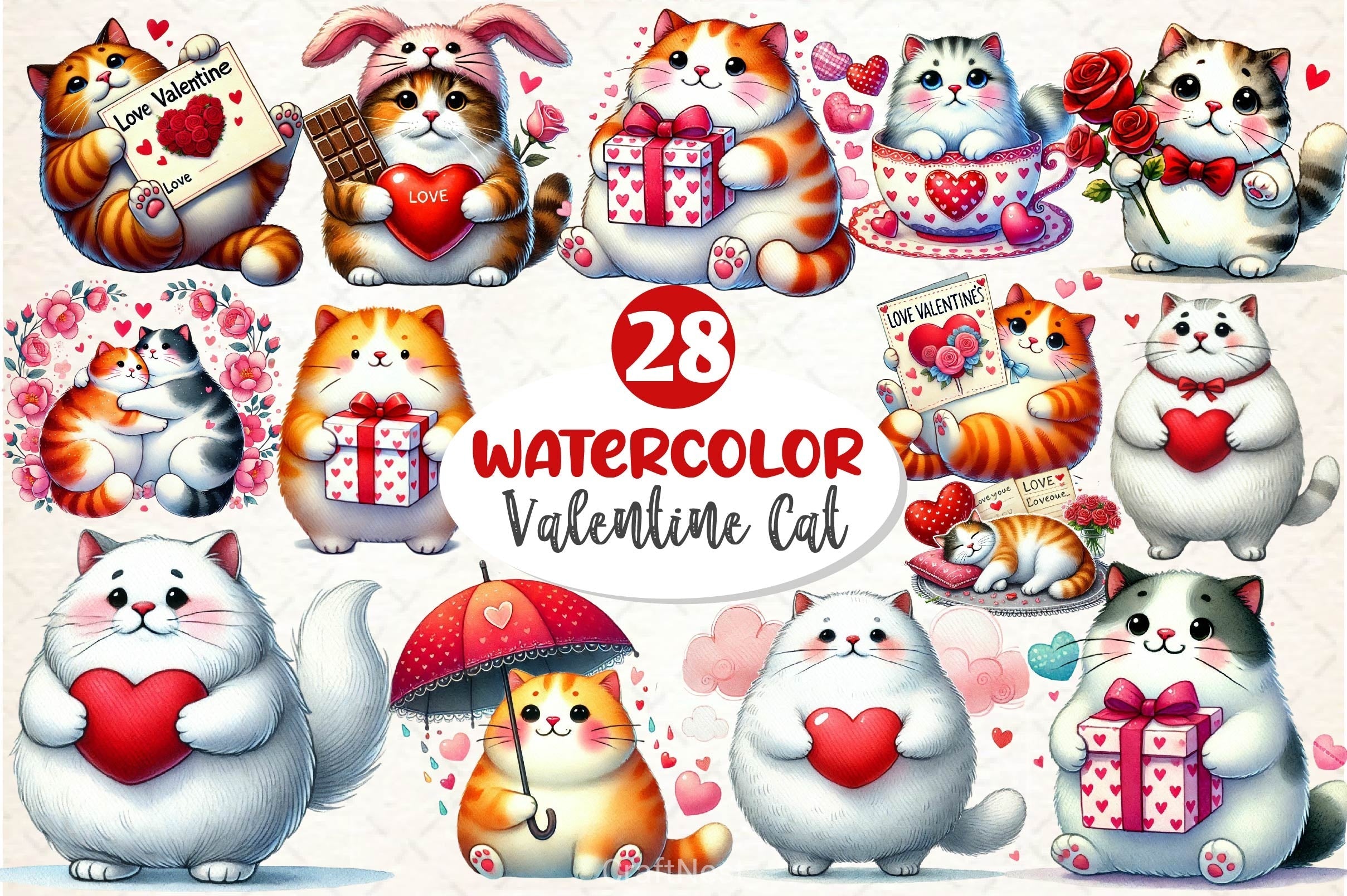 Valentine Fat Cat Clipart Bundle