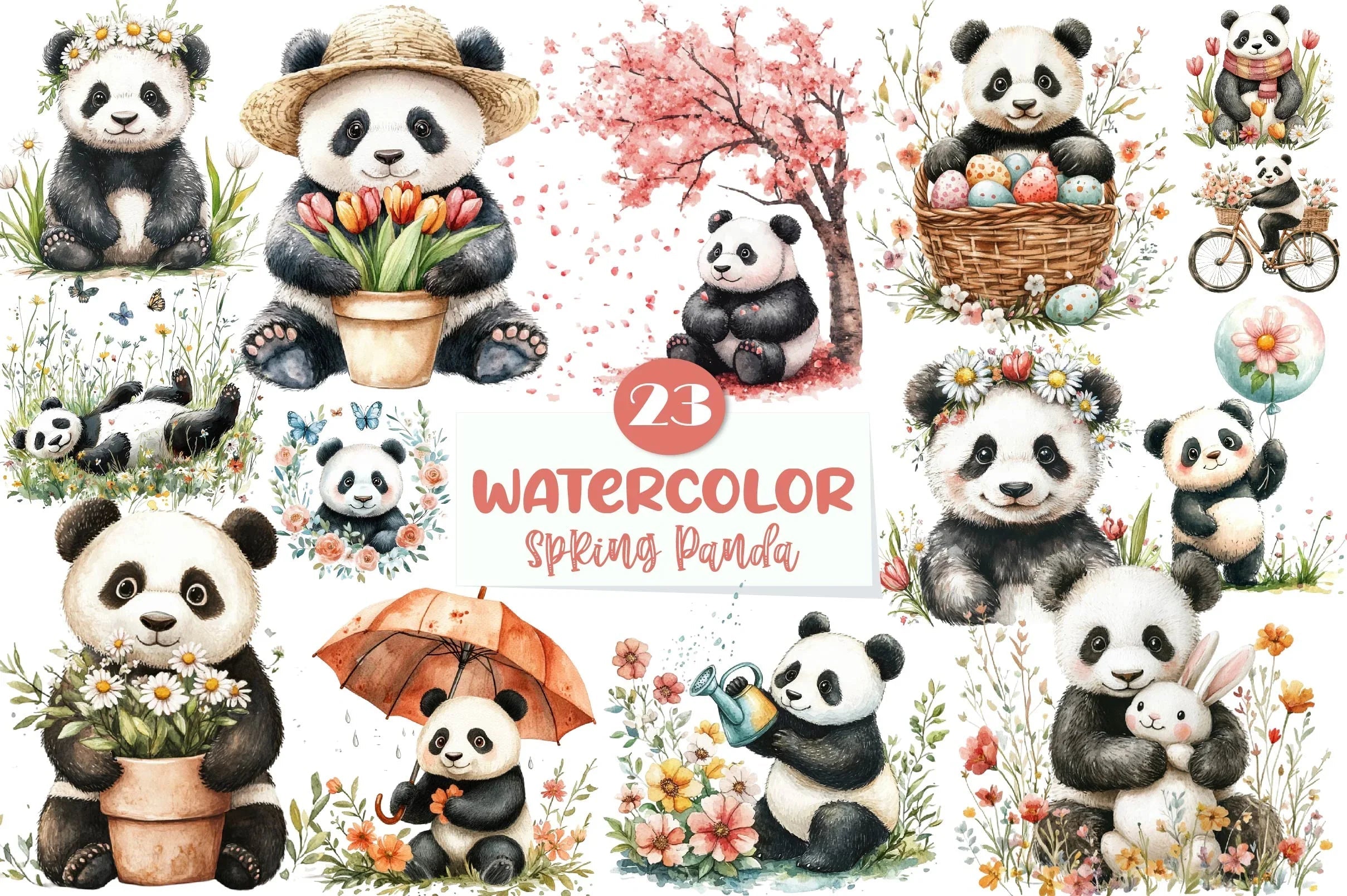 Springtime Panda Cute Spring Panda Clipart Bundle