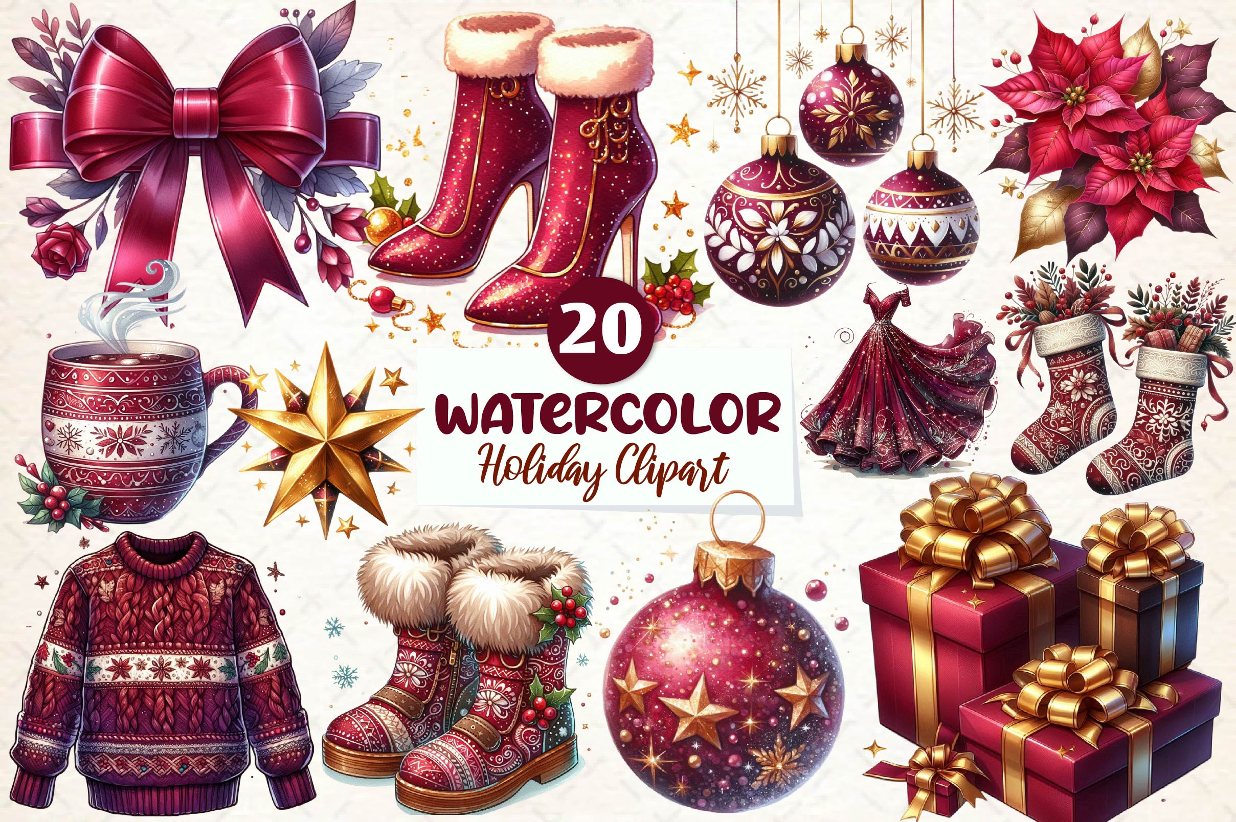 Burgundy Beauty & Holiday Clipart Bundle