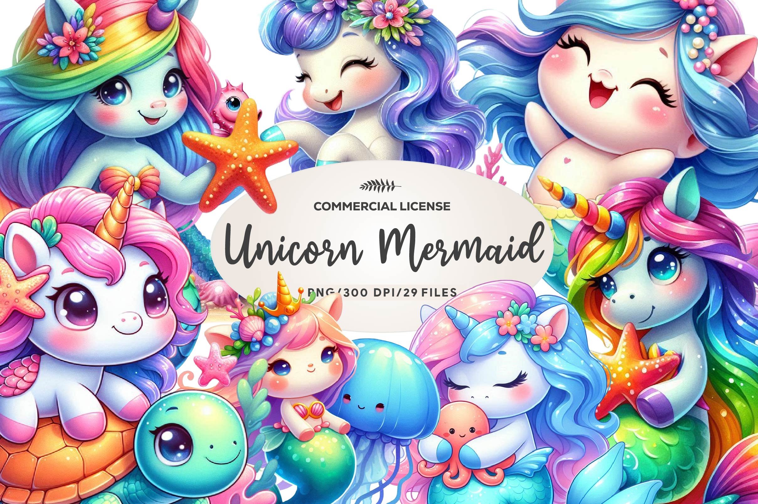 Cute Unicorn With Mermaid Clipart Bundle