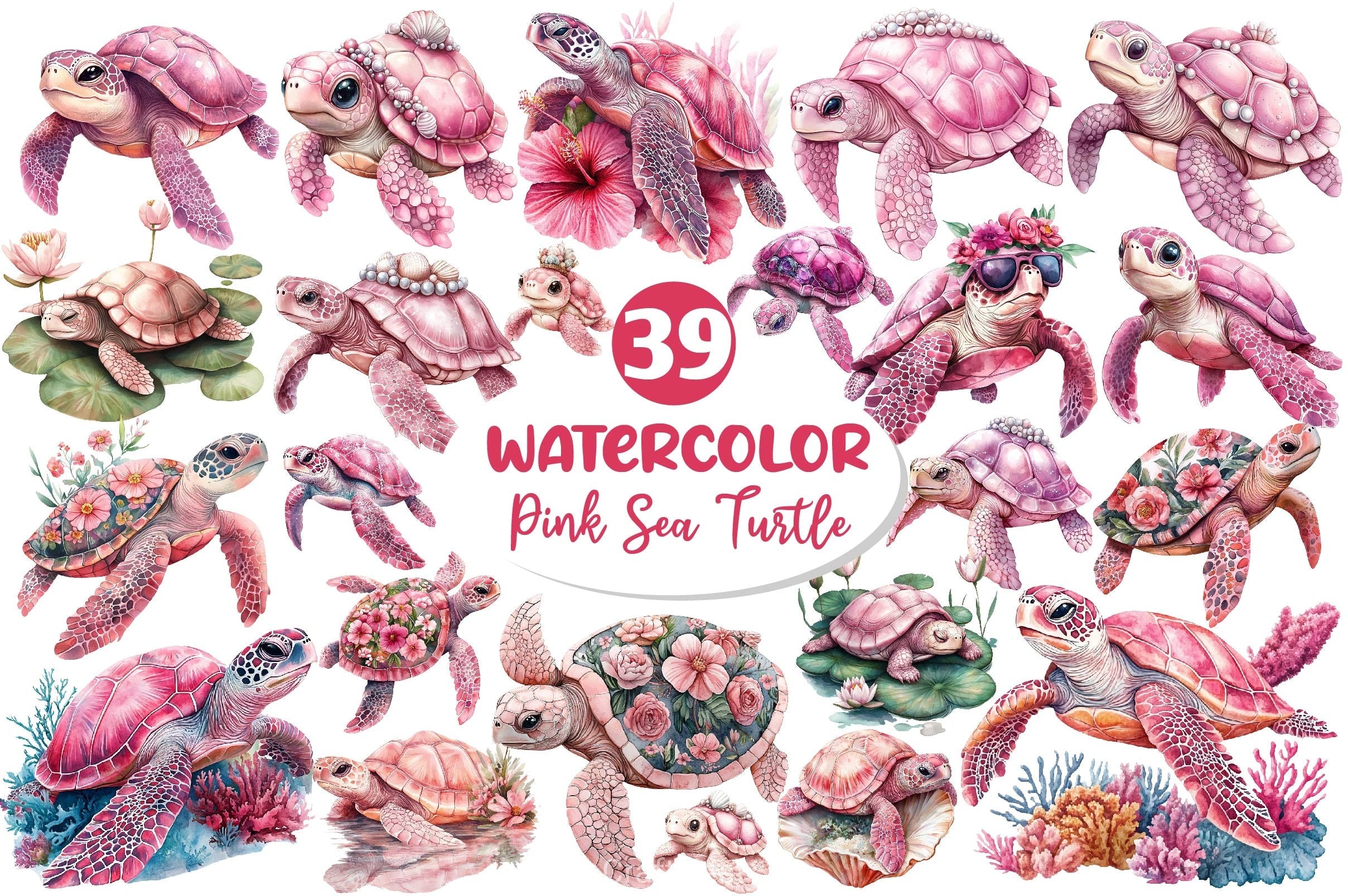 Pink Sea Turtle Clipart Bundle 2