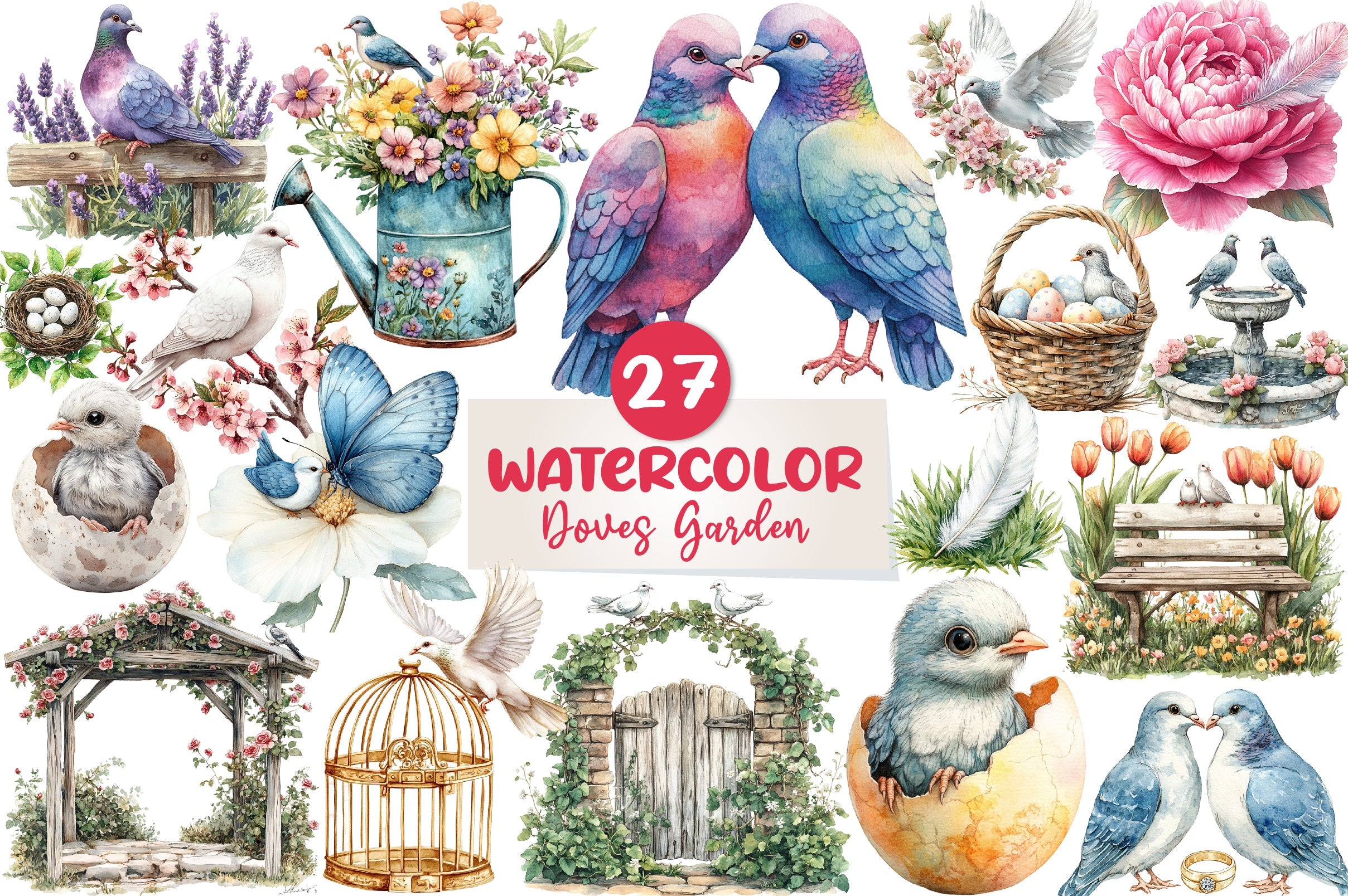 Spring Doves Garden Clipart Bundle