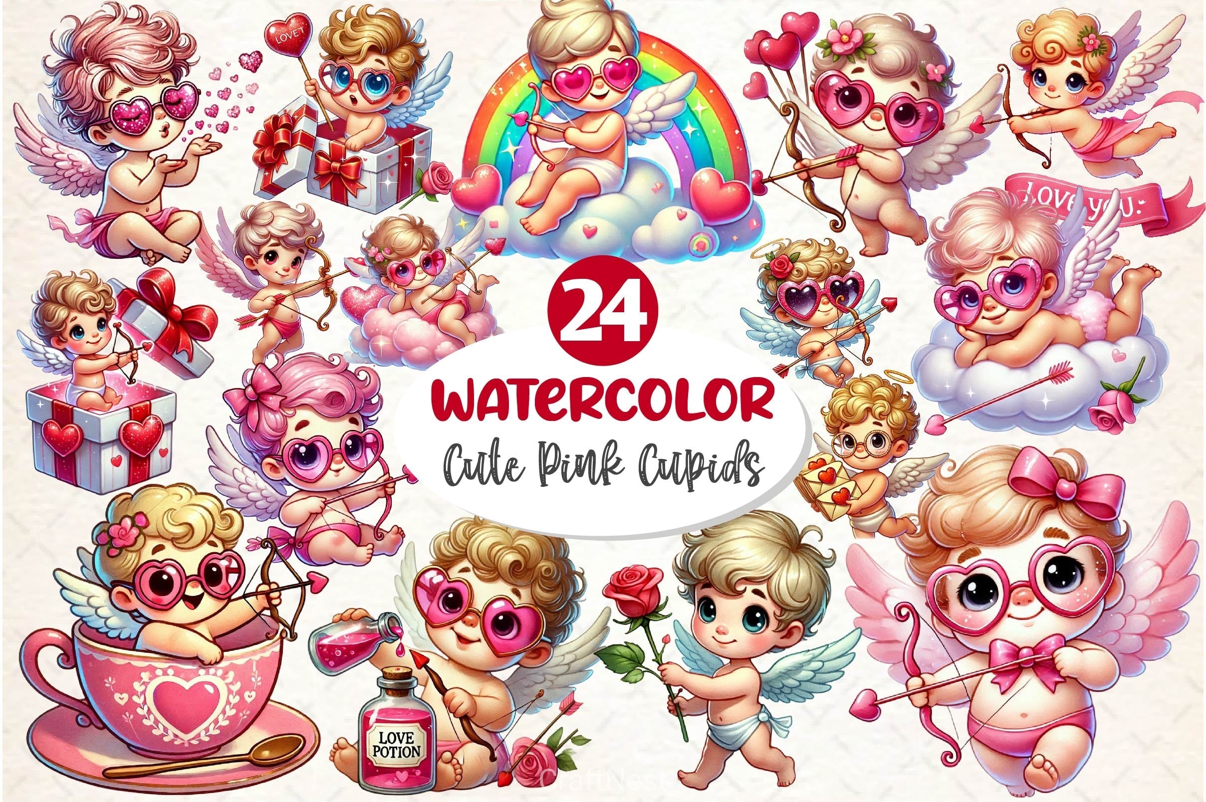 Cute Pink Cupids Clipart Bundle