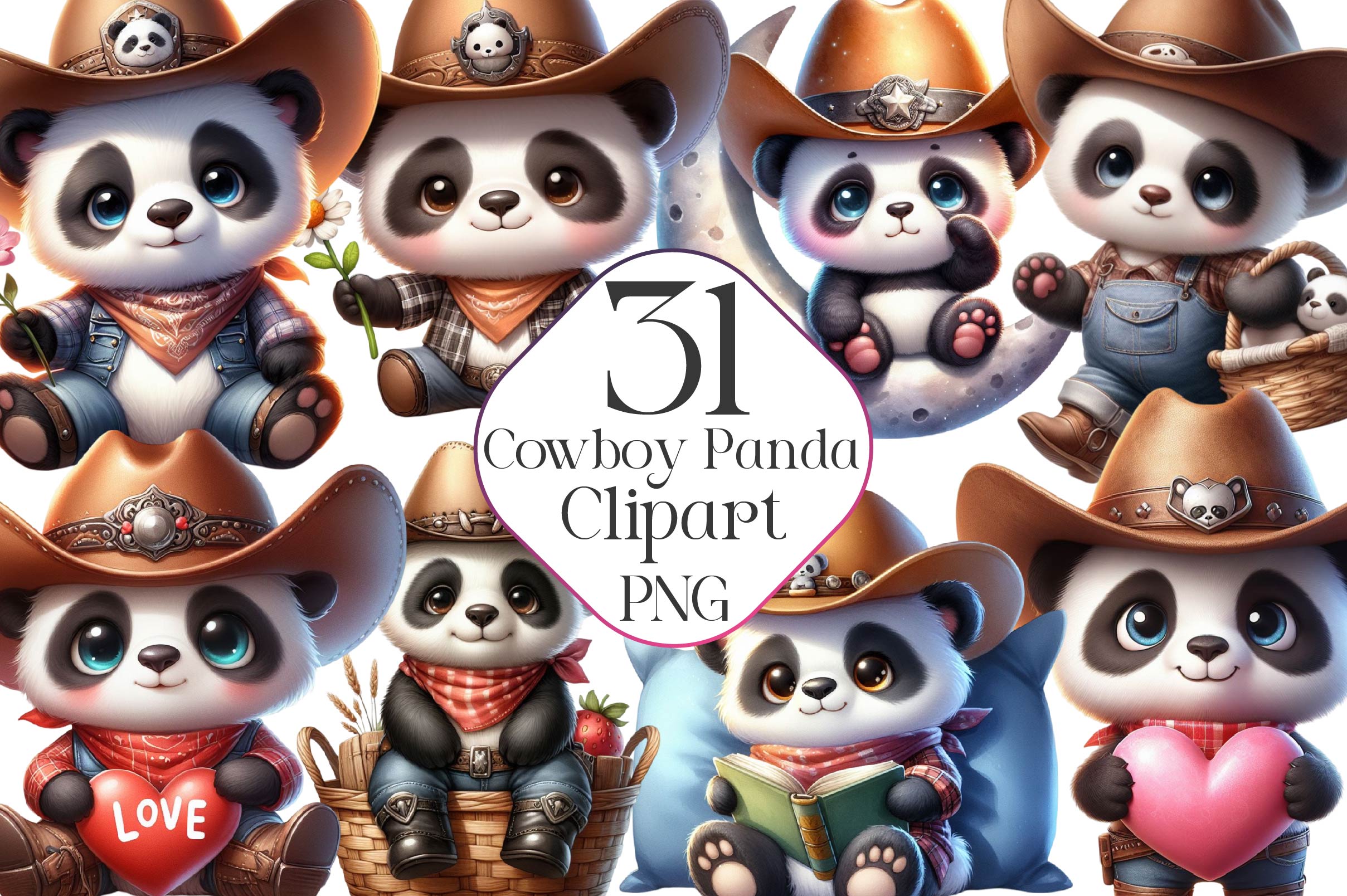 Cowboy Panda Clipart Bundle