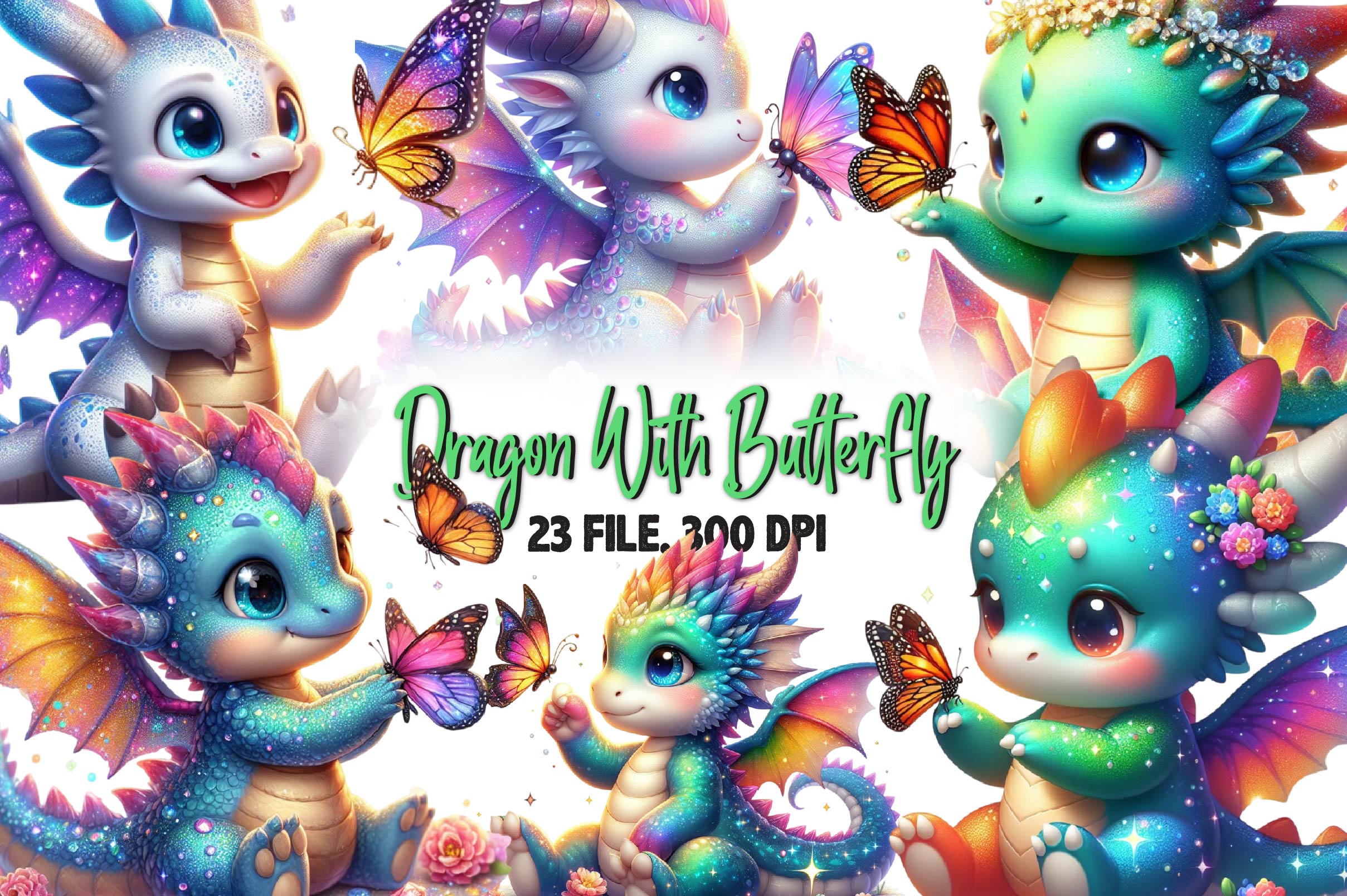 Cute Dragon With Butterfly Clipart Bundle
