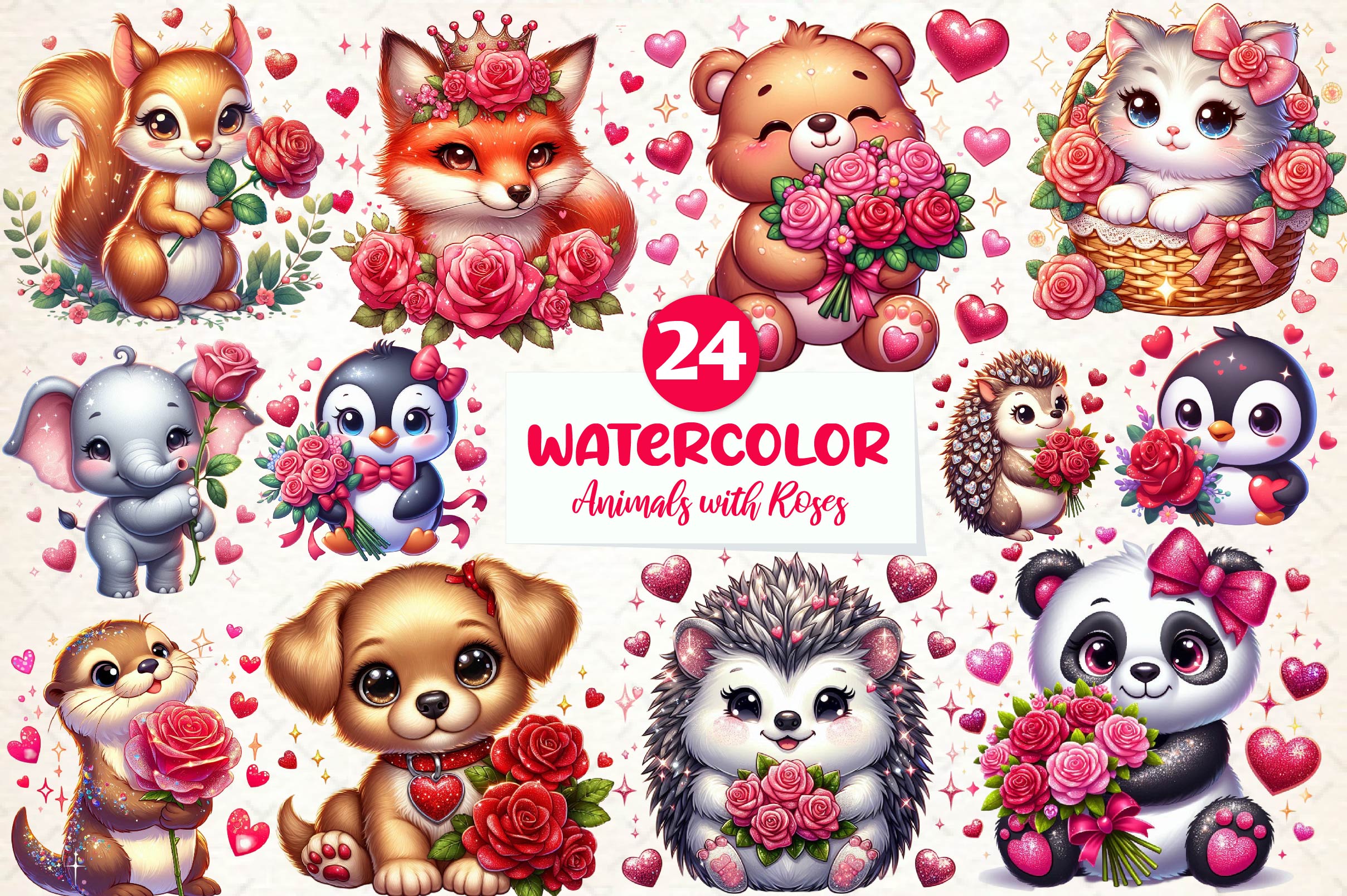 Valentine Animals With Roses Clipart Bundle