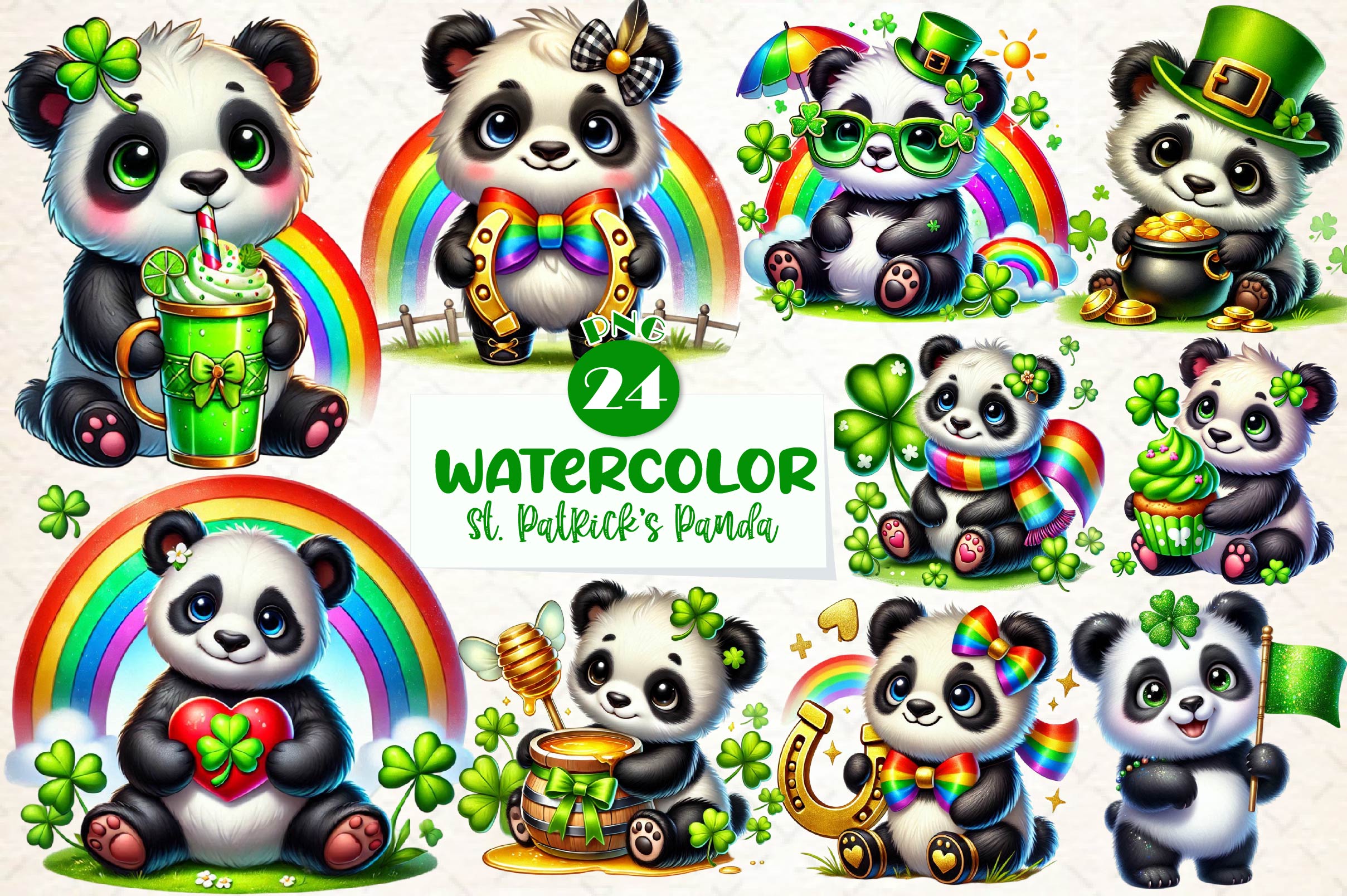 St Patricks Day Cute Panda Clipart Bundle