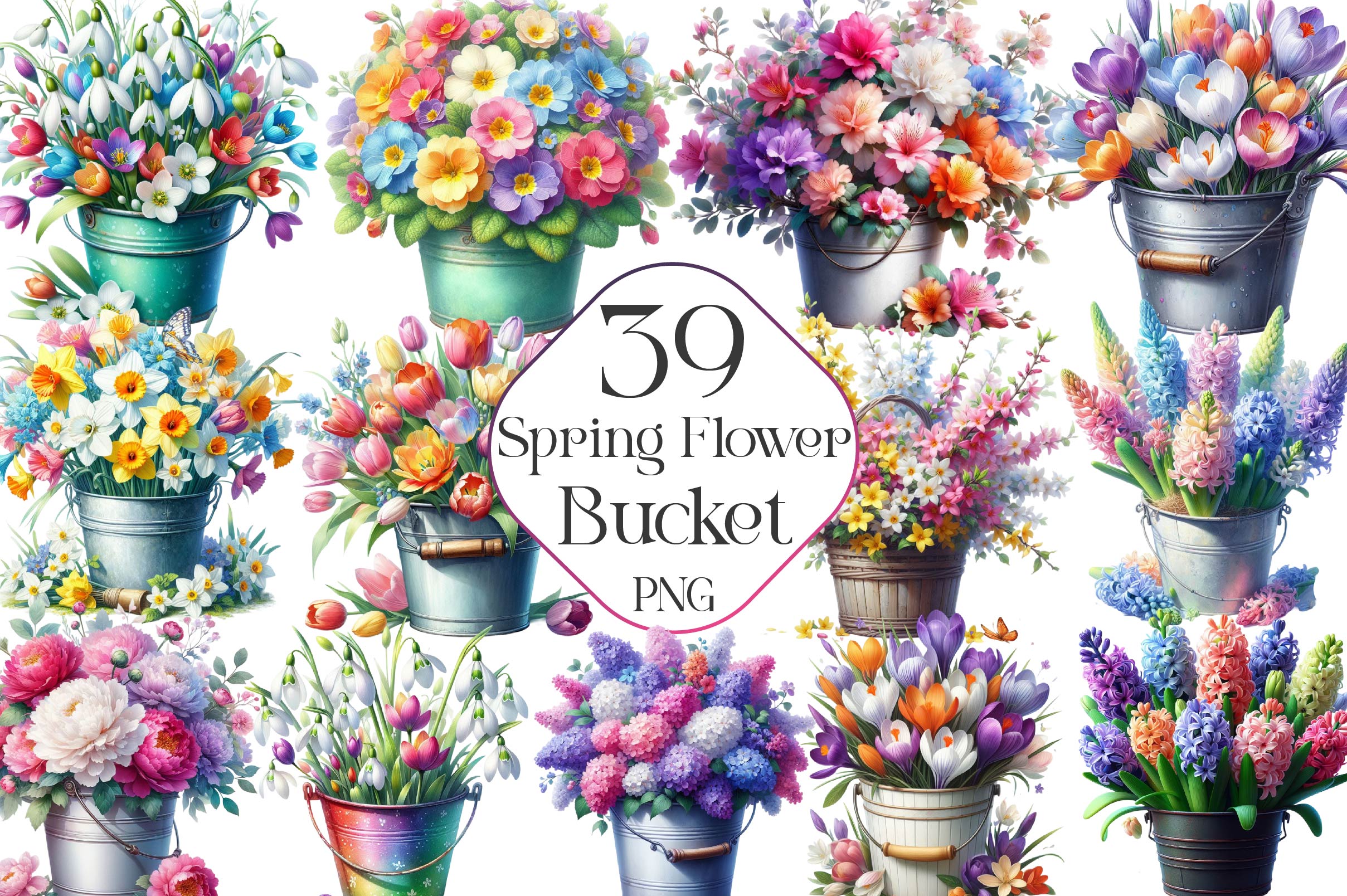 Spring Flower Bucket Clipart Bundle
