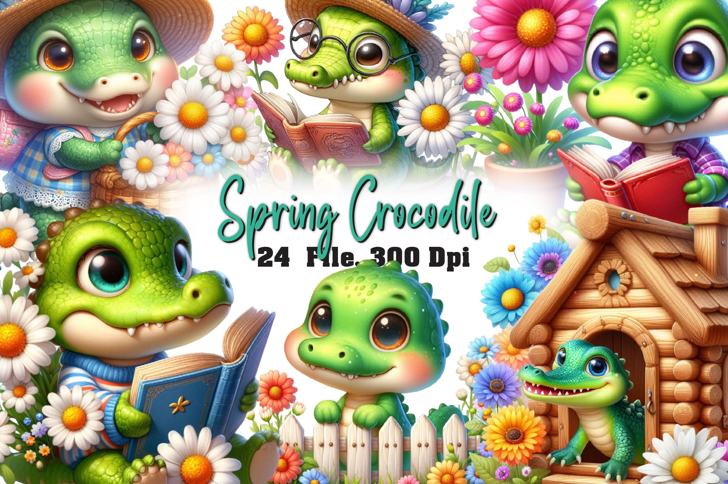 Spring Crocodile Clipart Bundle