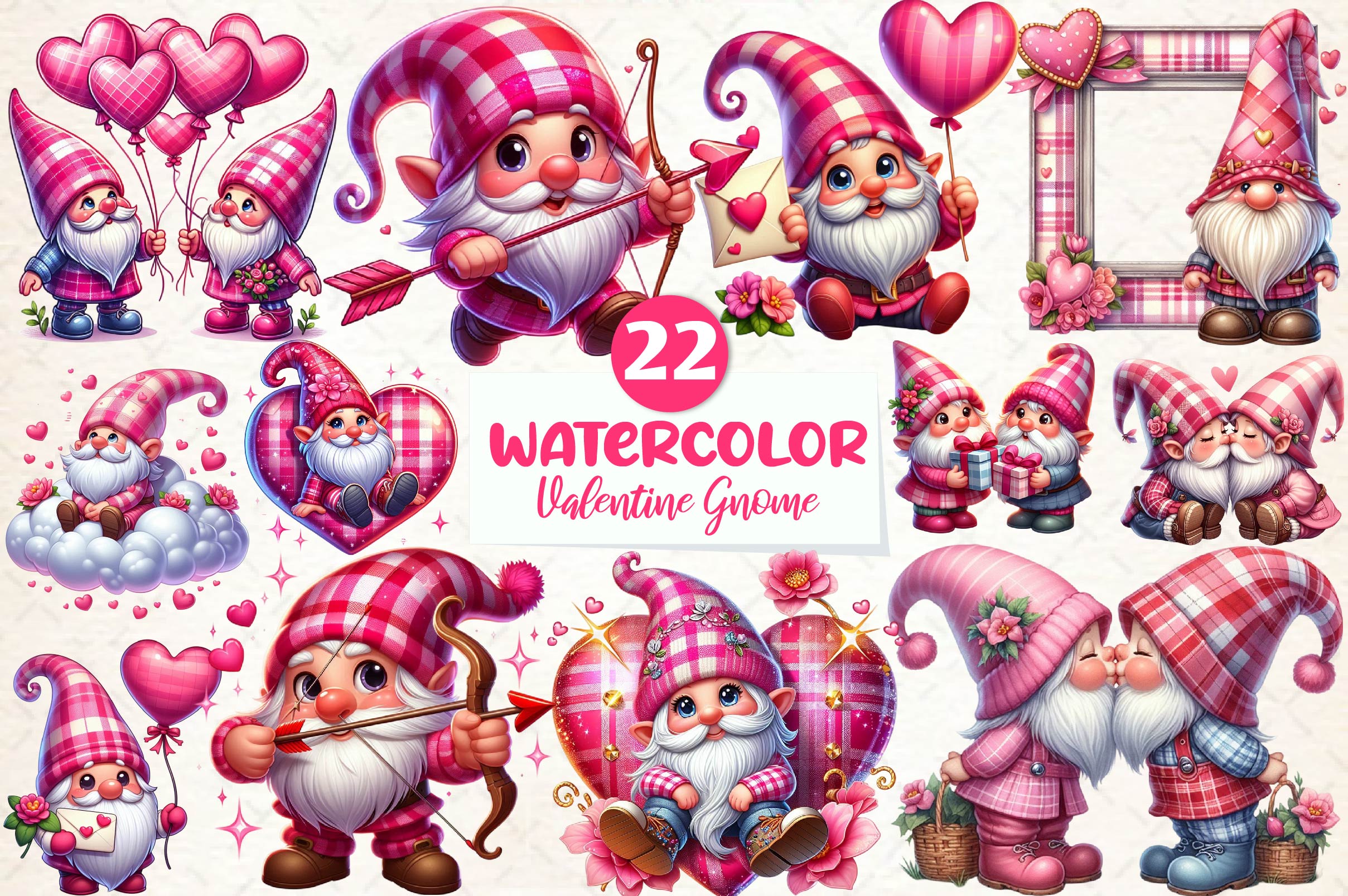Pink Valentine Gnome In Love Clipart Bundle