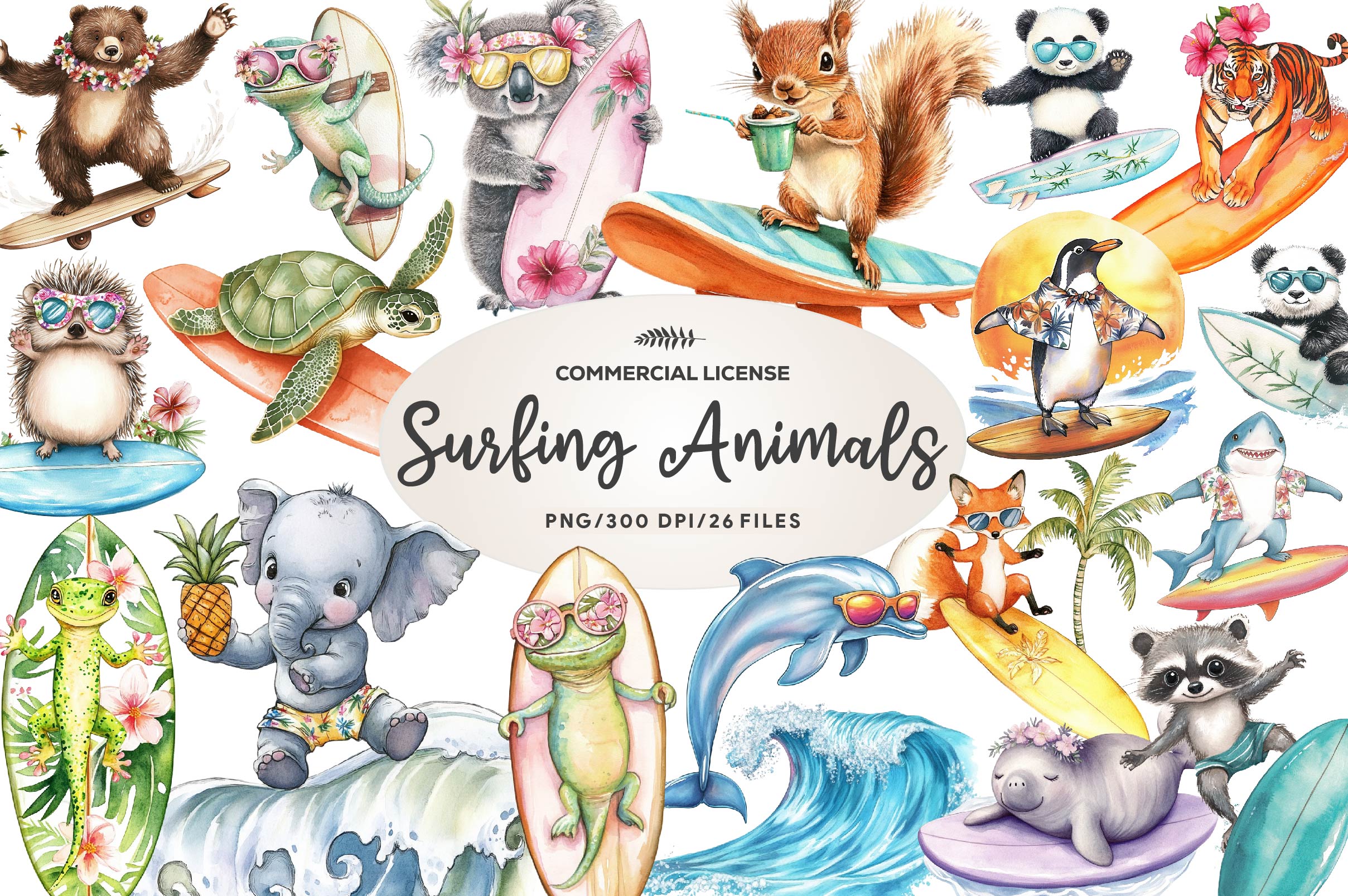 Retro Surfing Animals Clipart Bundle