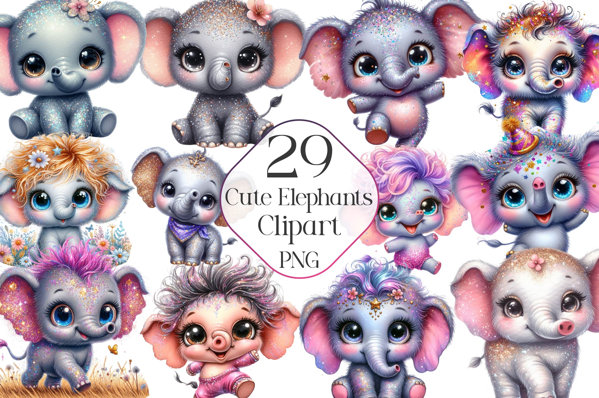 Cute Baby Elephants Clipart Bundle