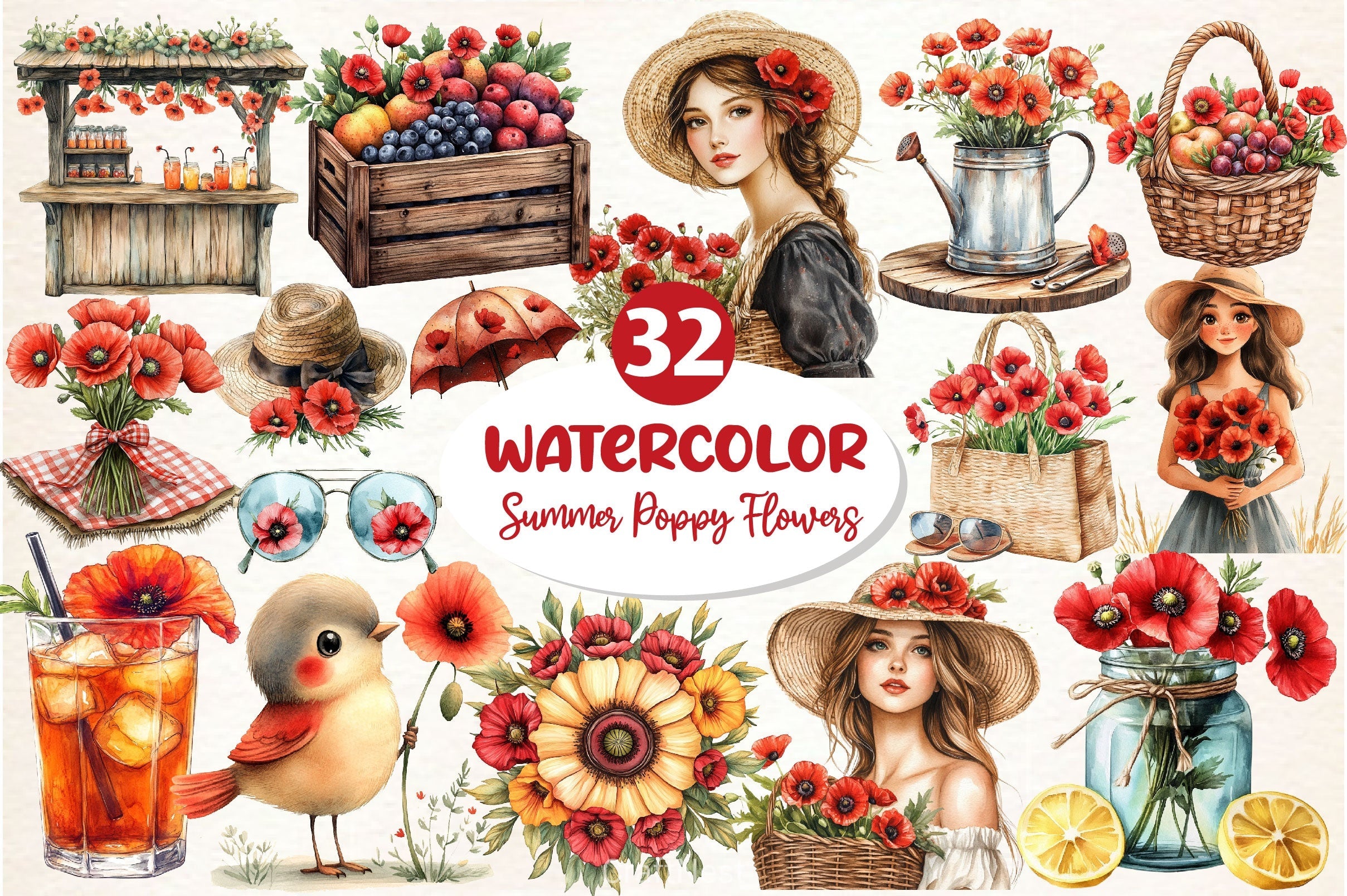 Summer With Poppy Flowers Clipart Bundle