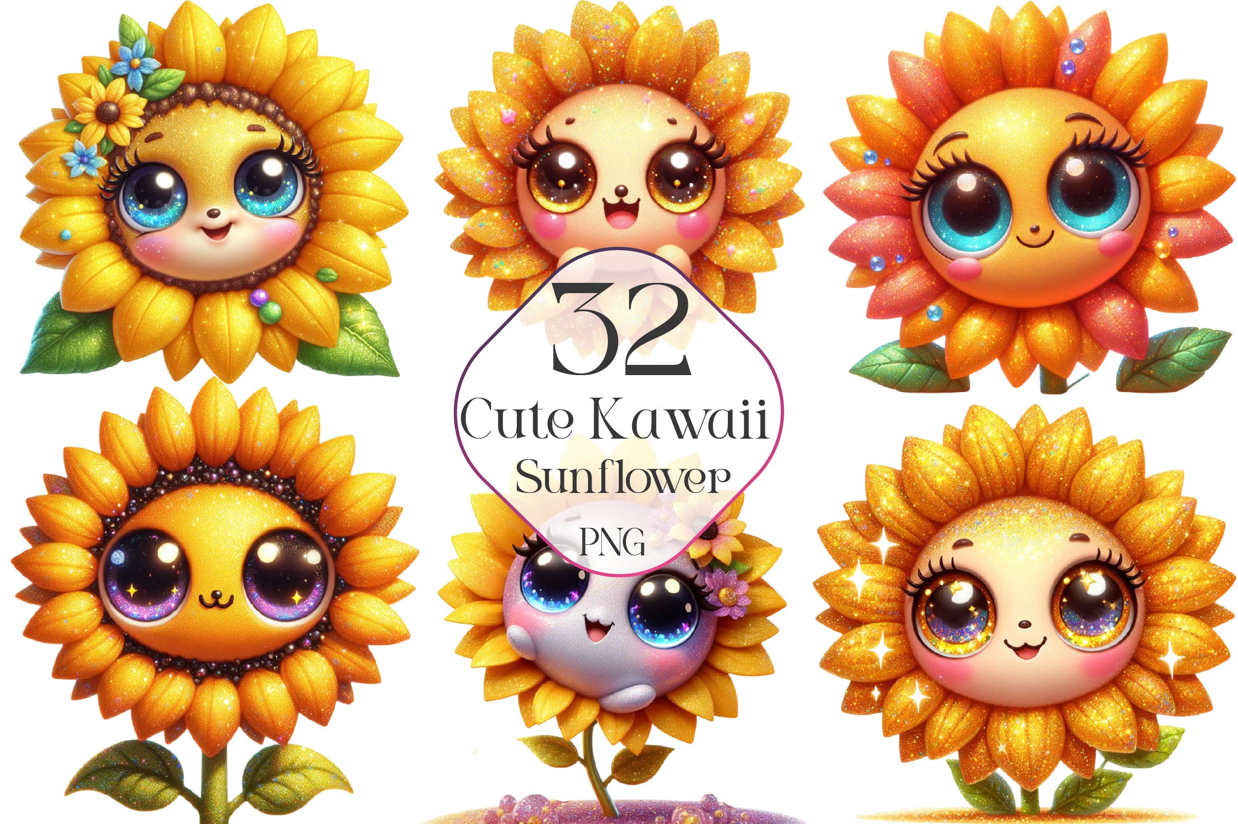 Cute Kawaii Sunflower Clipart Bundle