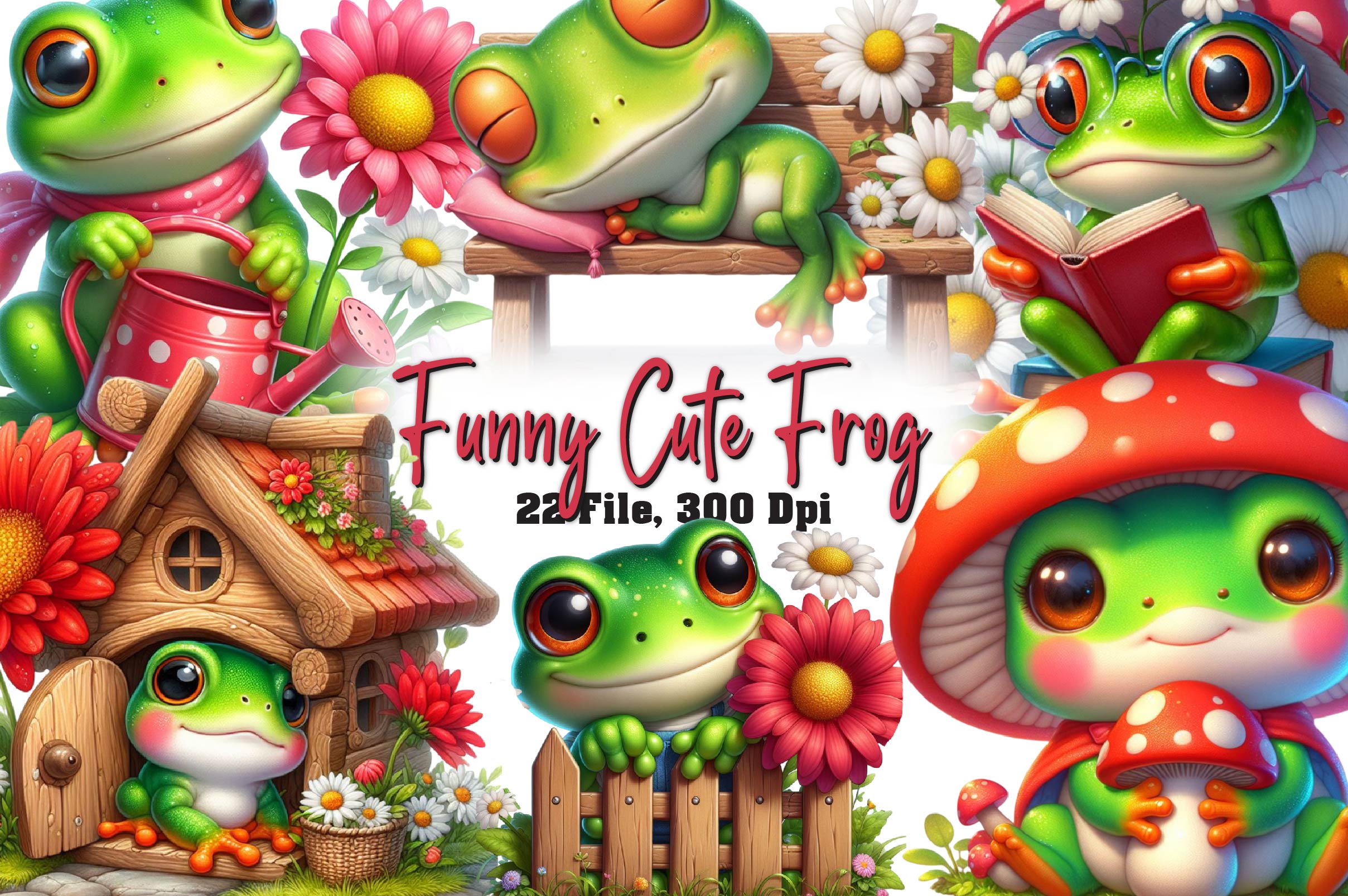 Funny Cute Frog Clipart Bundle