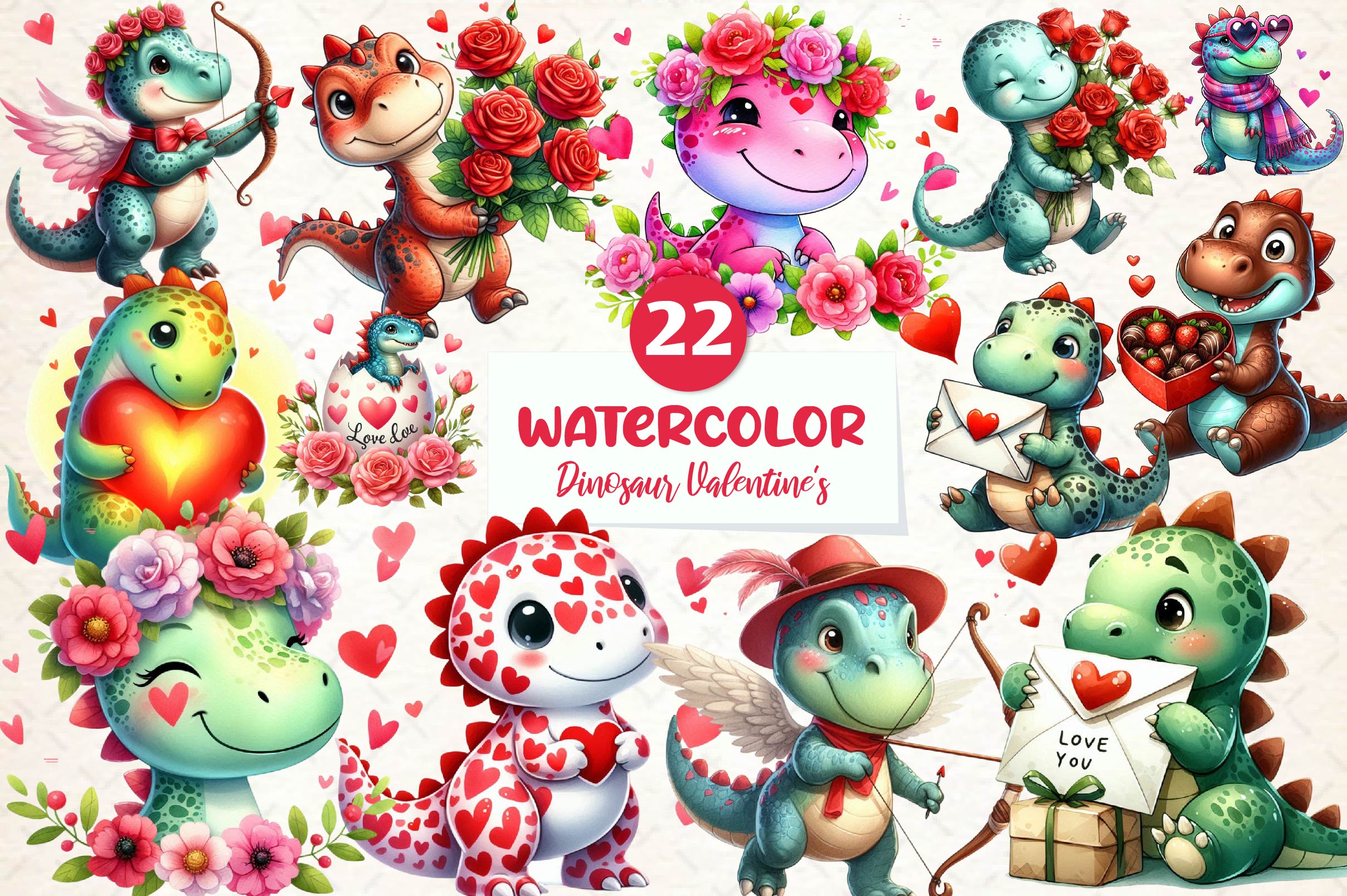Dinosaur Valentines Day Clipart Bundle