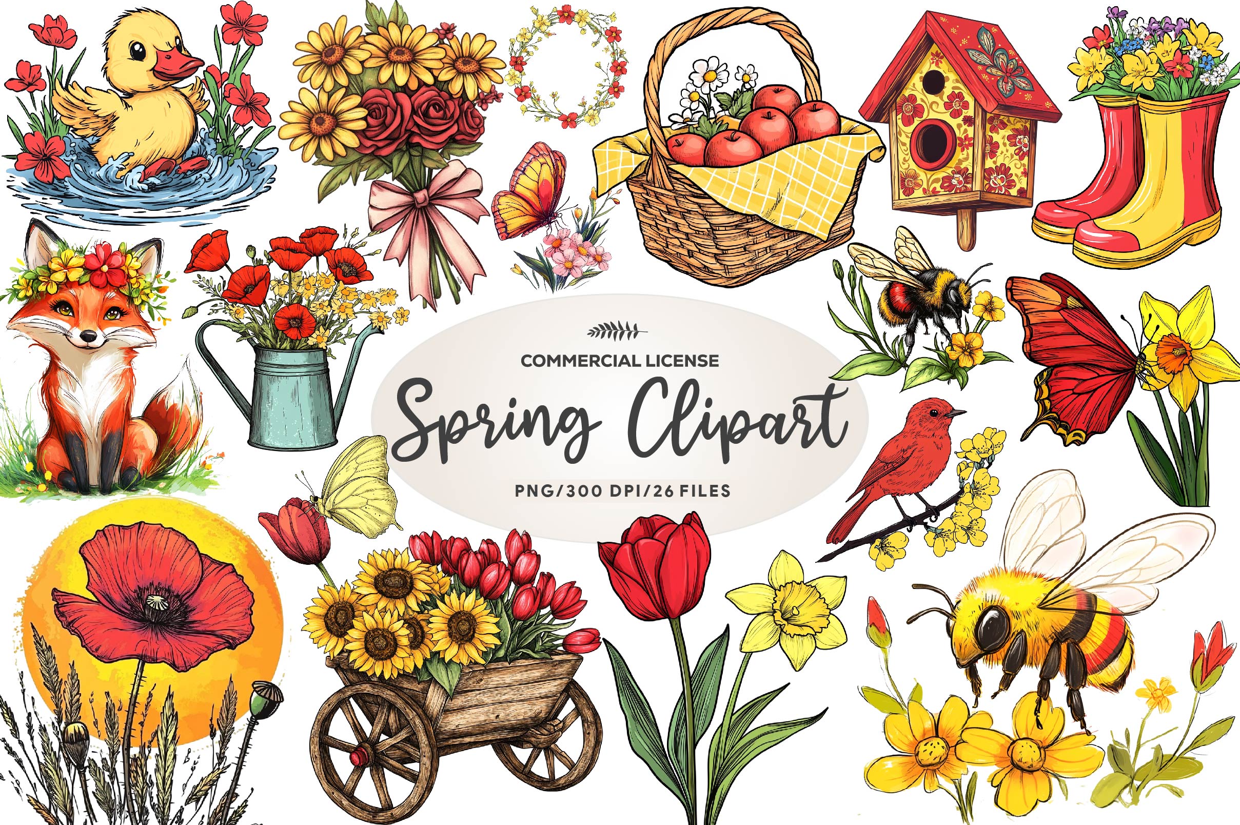 Red & Yellow Spring Clipart Bundle