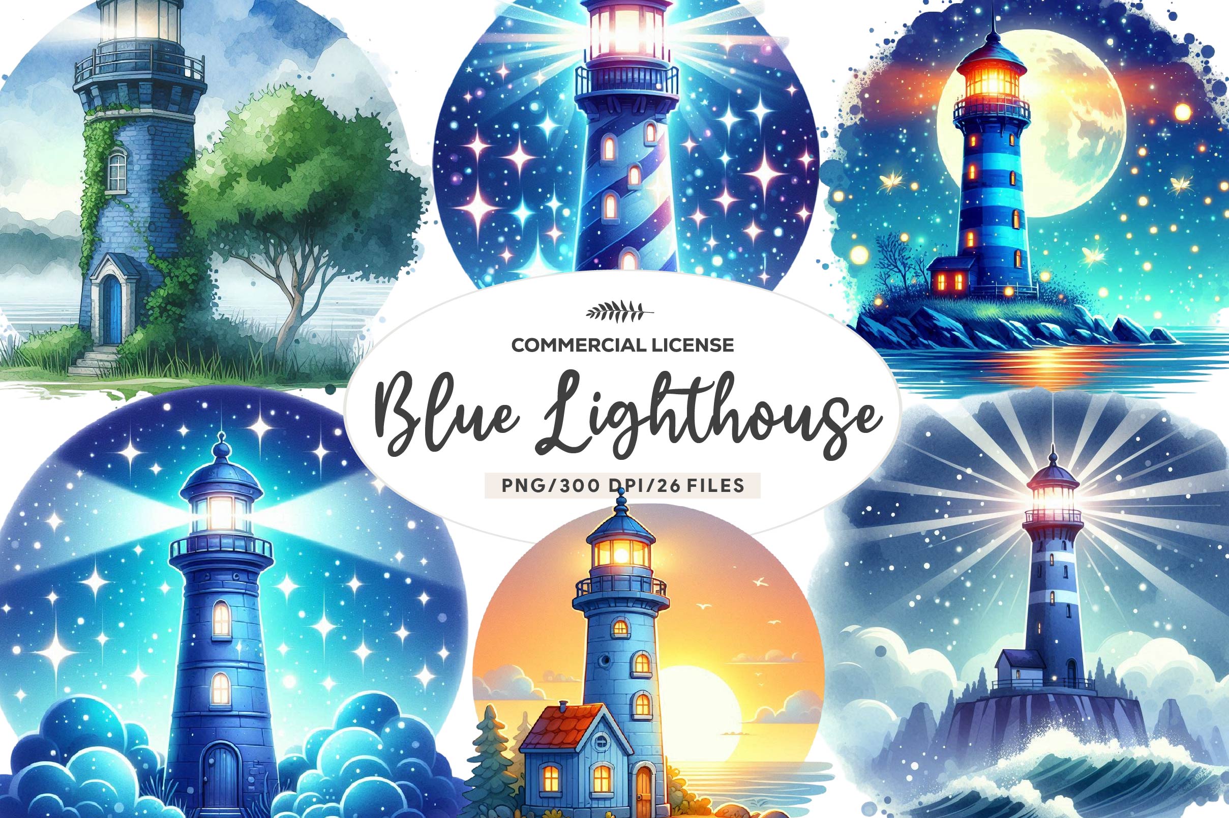 Blue Lighthouse Clipart Bundle