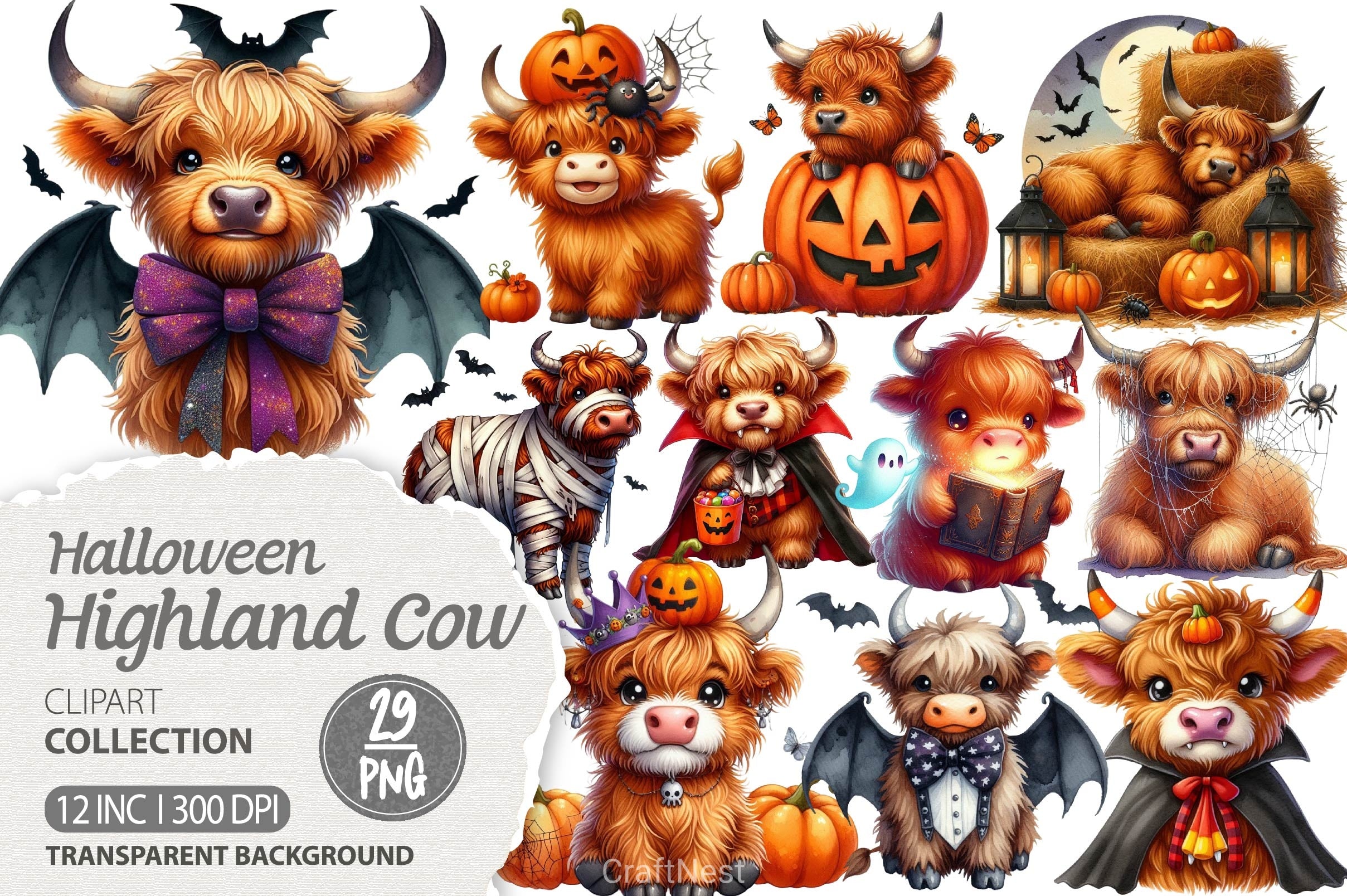 Cute Halloween Highland Cow Clipart Bundle 3
