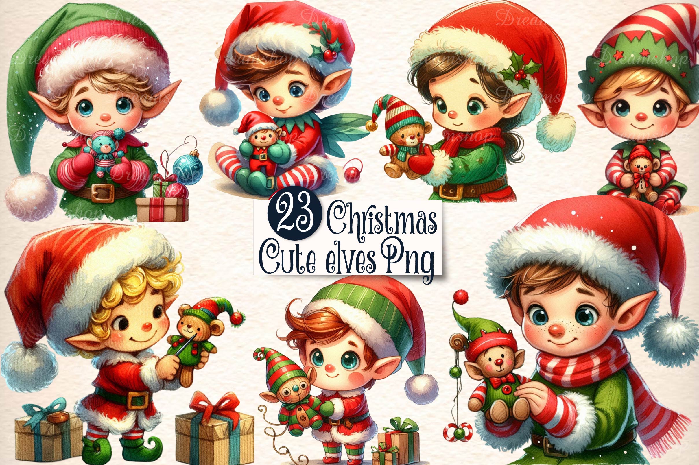 Cute Christmas Elves Clipart Bundle