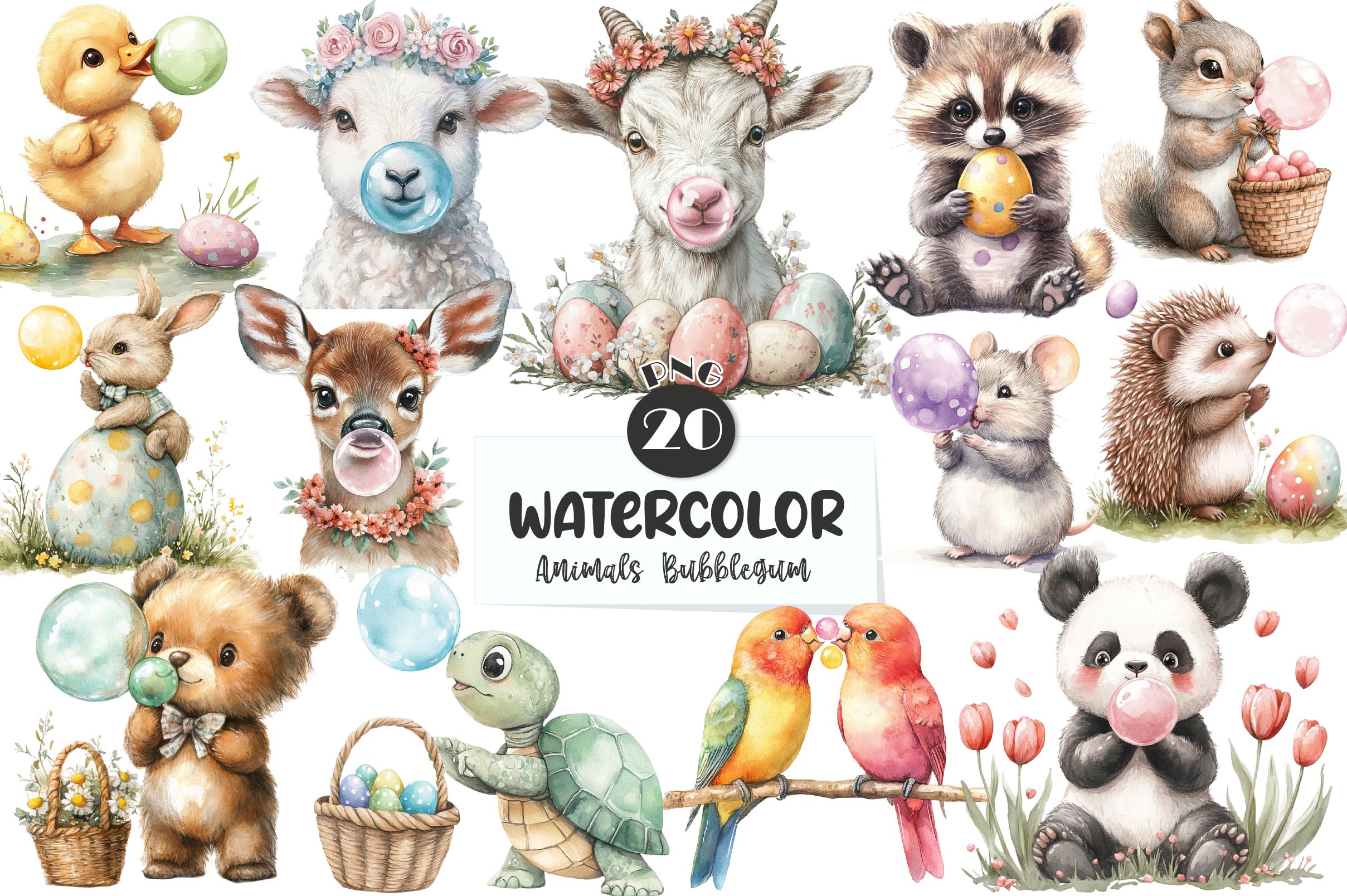 Easter Animals Blowing A Bubblegum Clipart Bundle