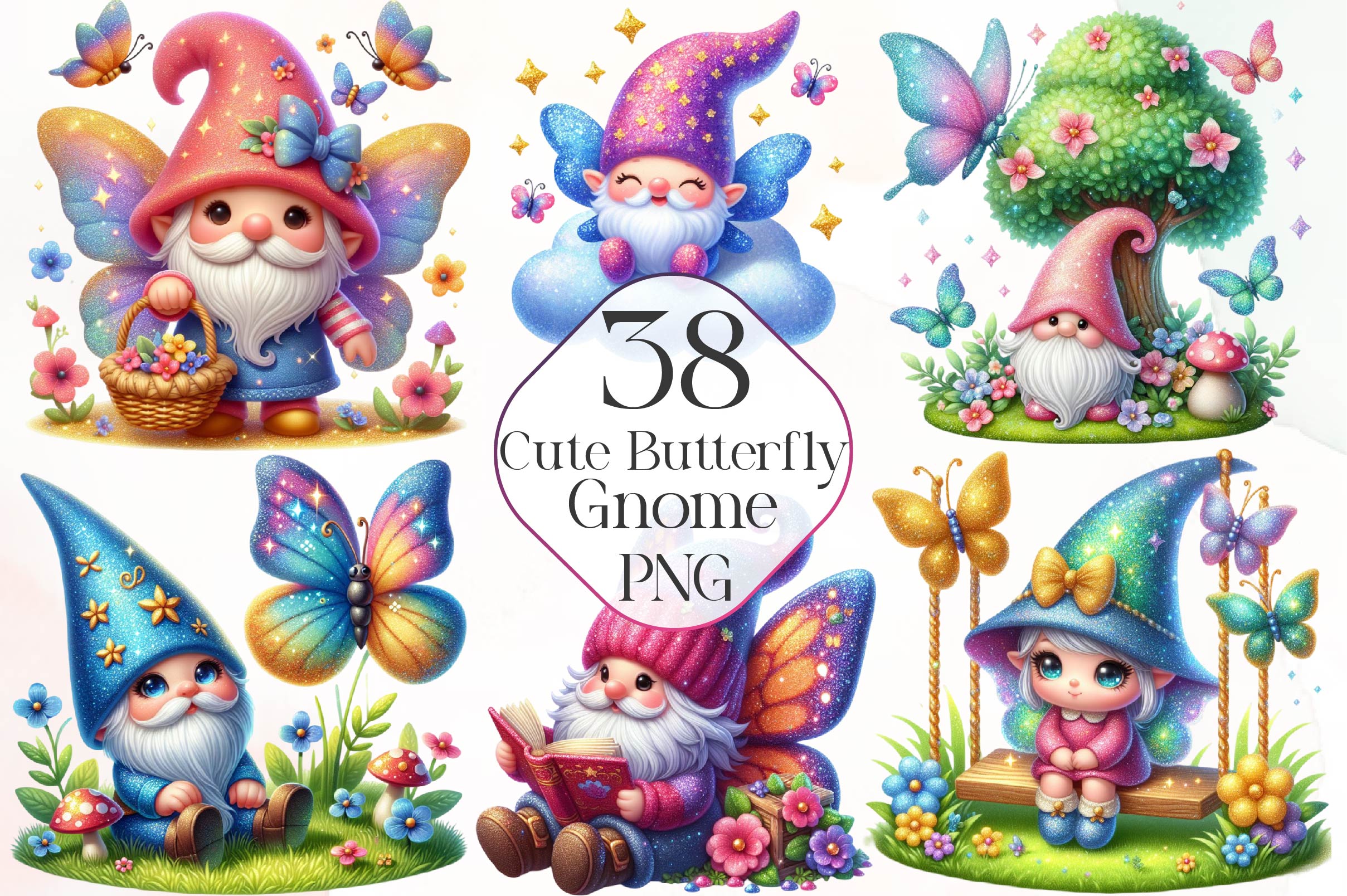 Cute Butterfly Gnome Clipart Bundle