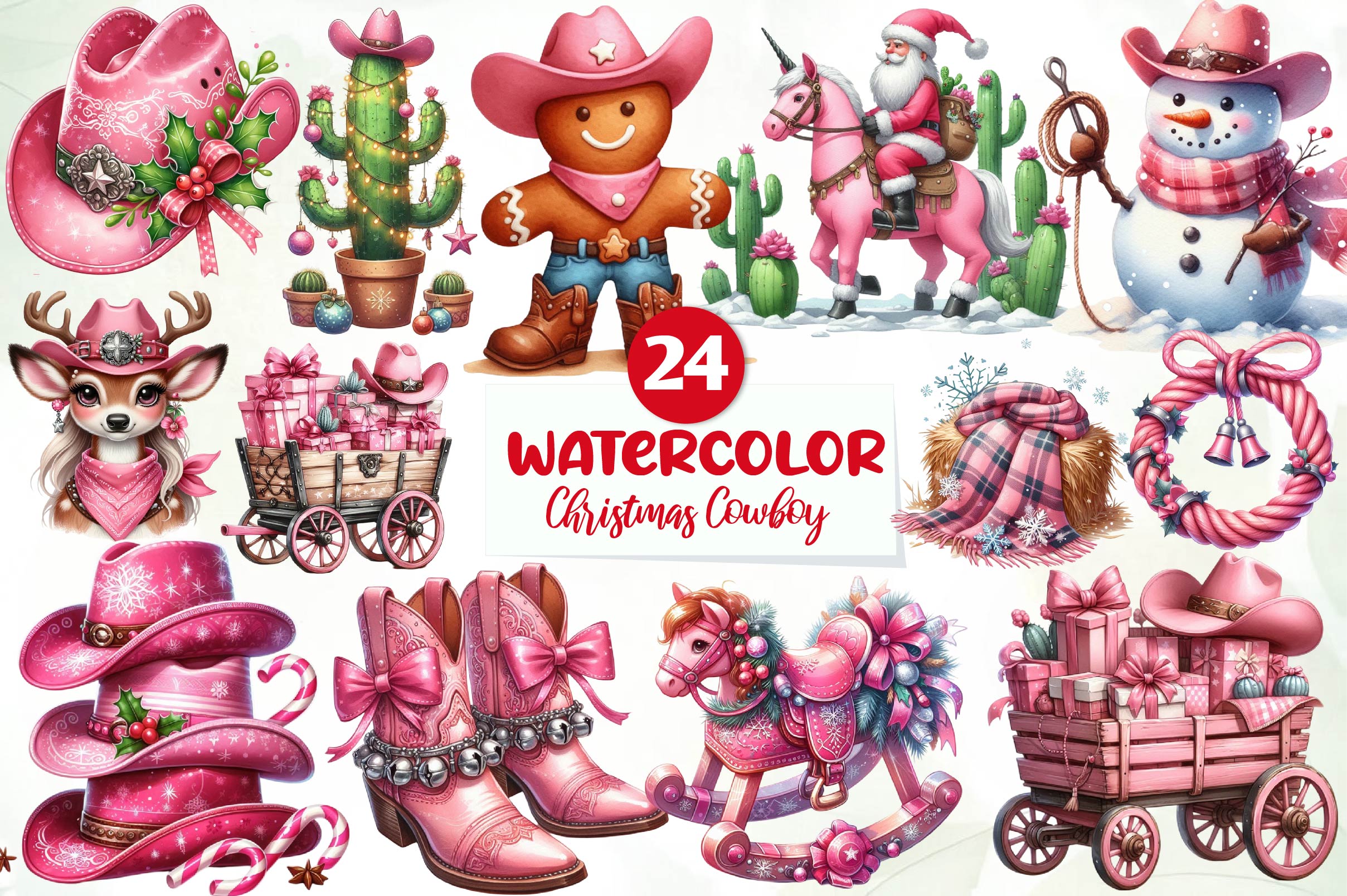 Pink Christmas Cowboy Clipart Bundle