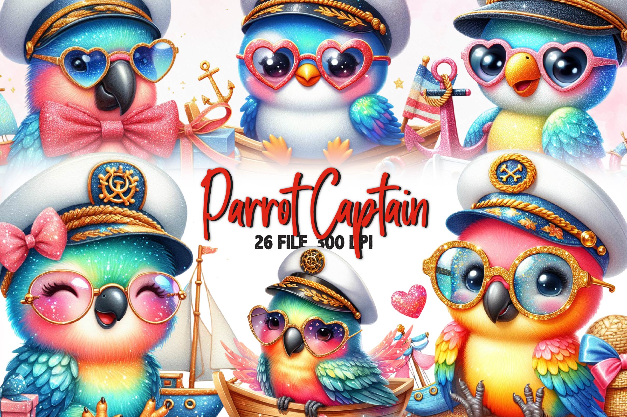 Nautical Parrot Captain Illustration Clipart Bundle