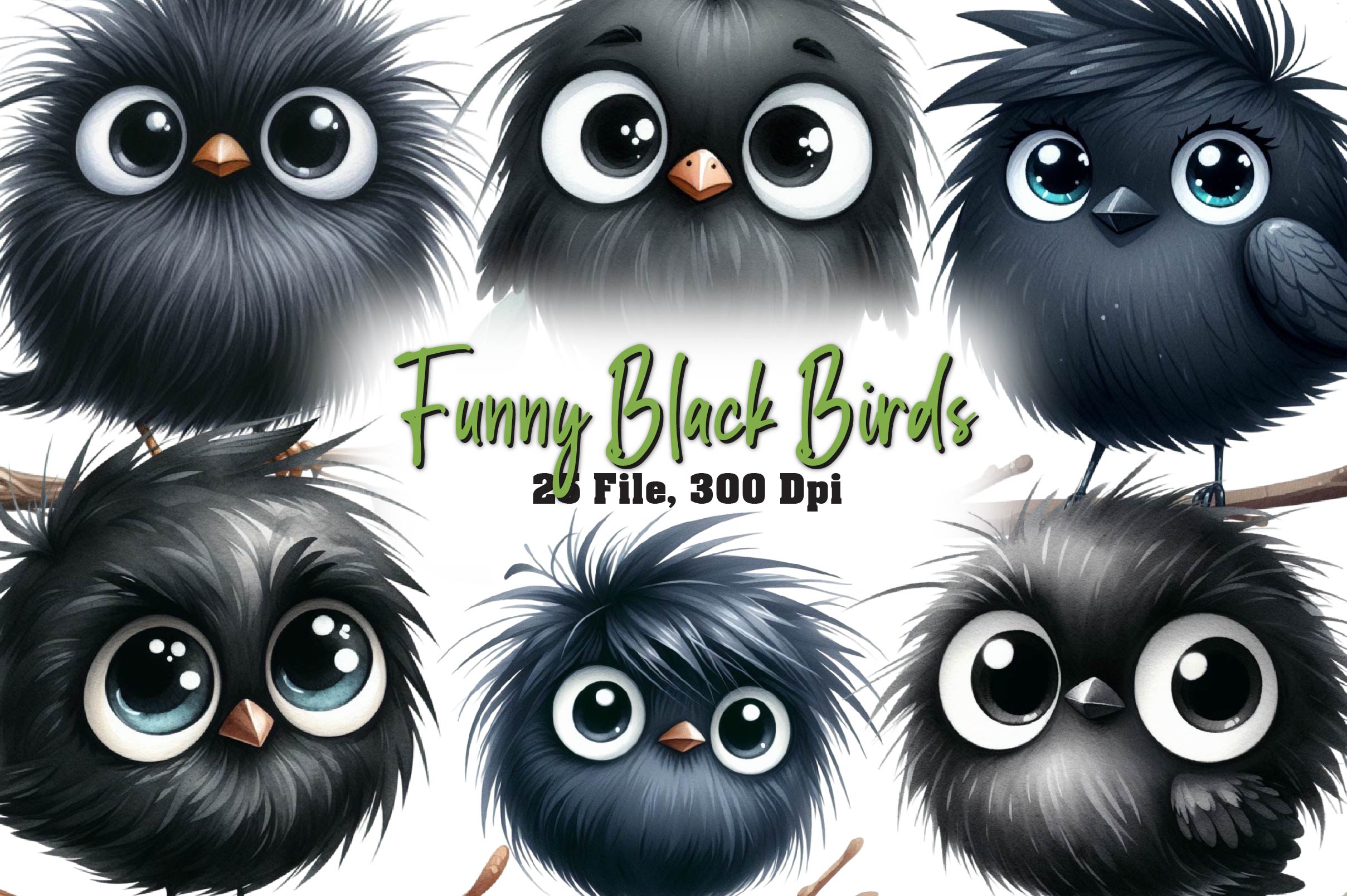 Funny Black Birds Clipart Bundle