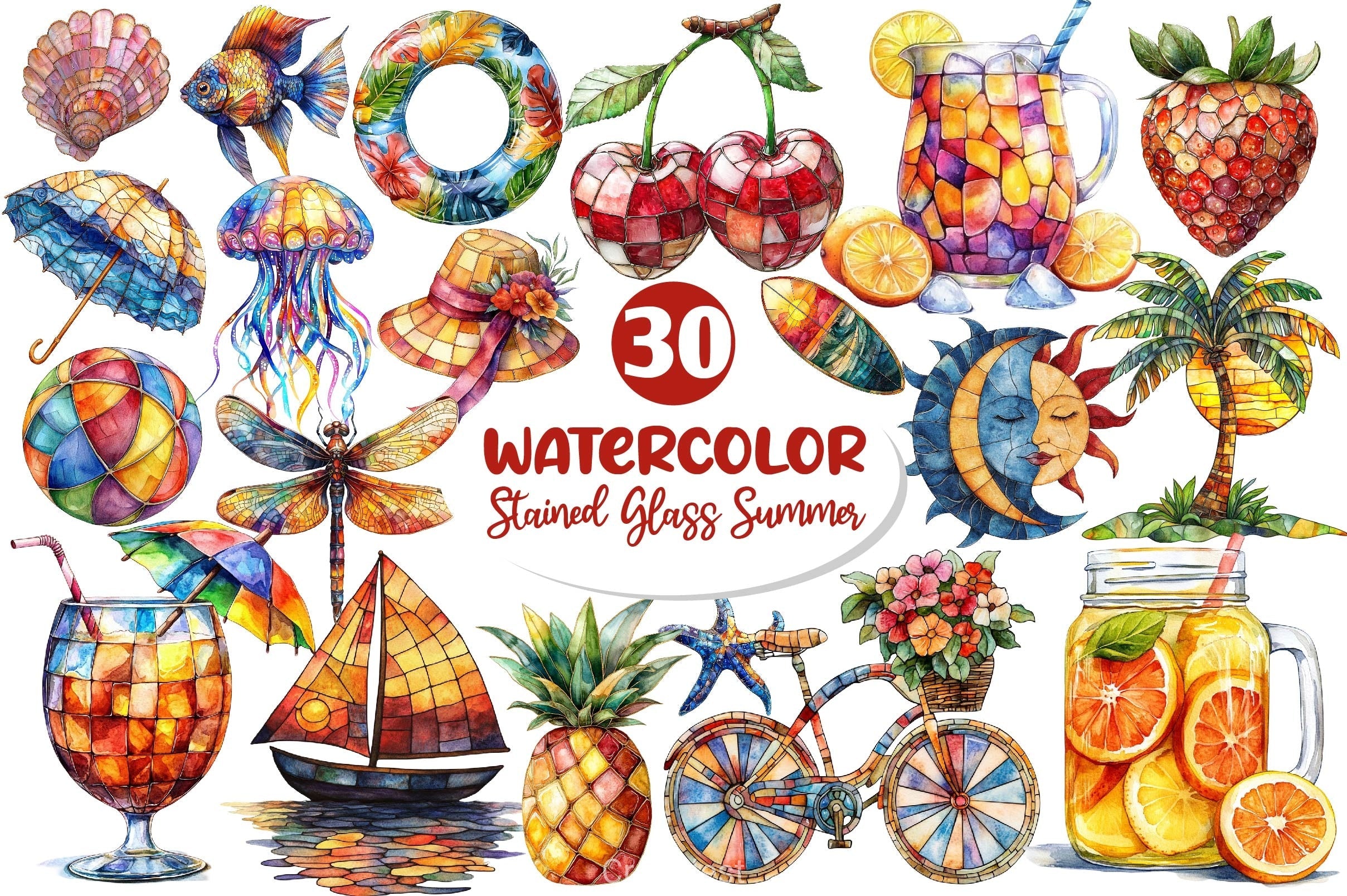 Stained Glass Summer Clipart Bundle