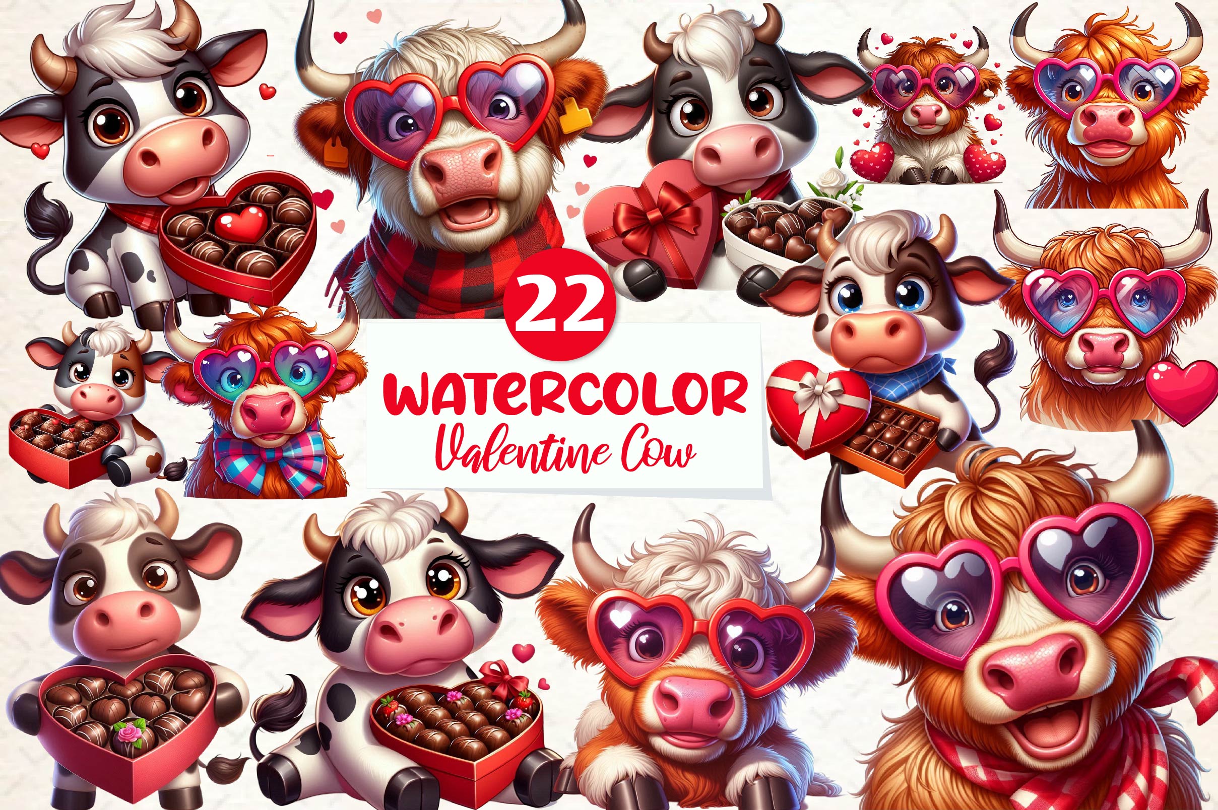 Cute Valentine Cow Clipart Bundle
