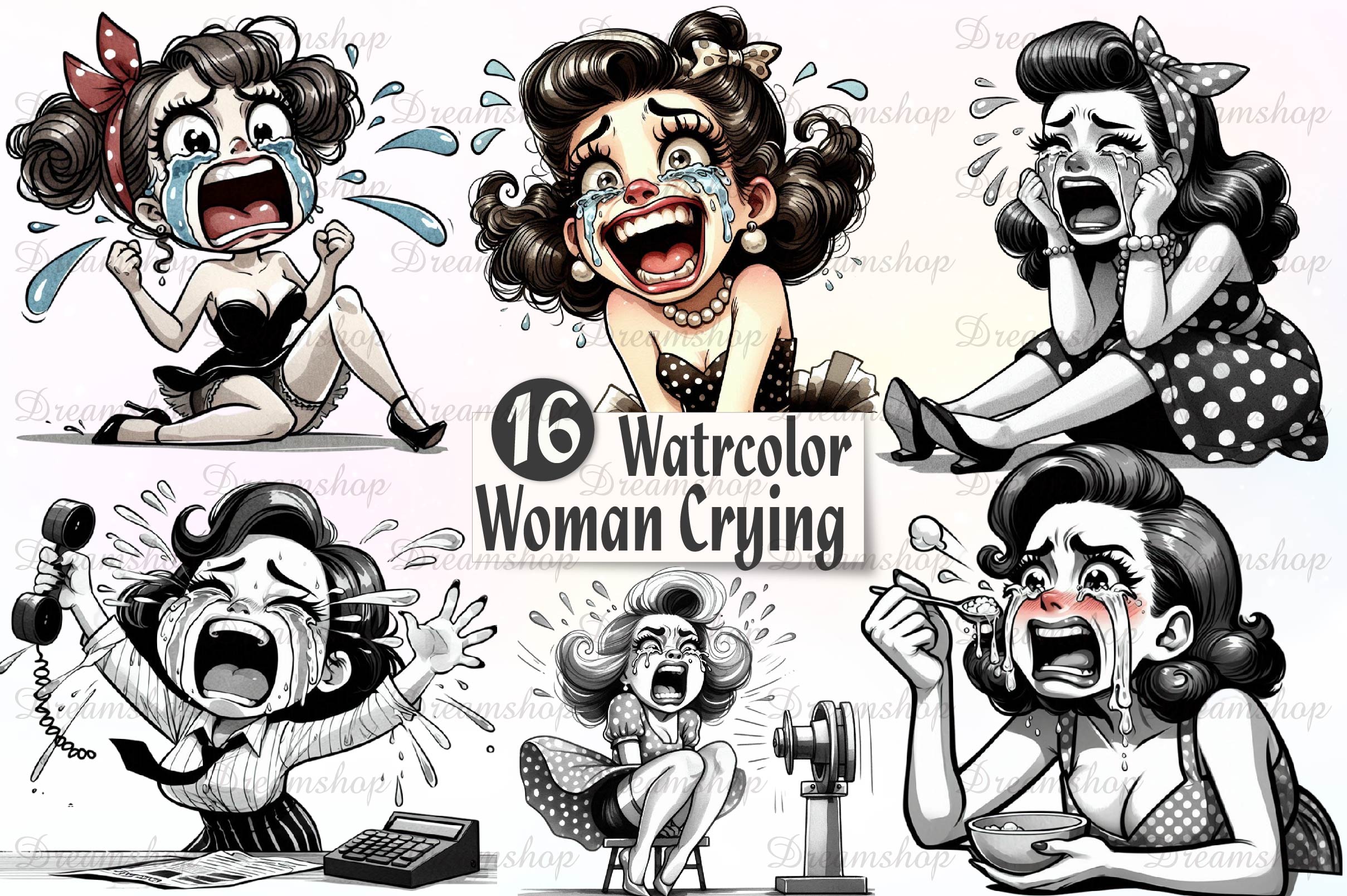 Vintage Woman Crying Clipart Bundle