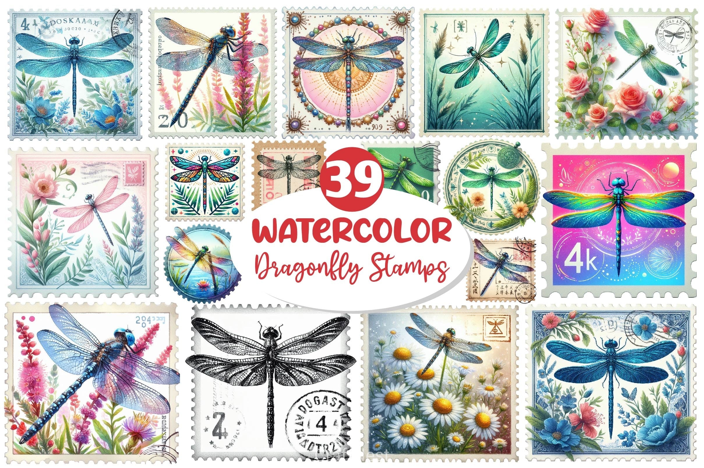 Dragonfly Postage Stamps Clipart Bundle