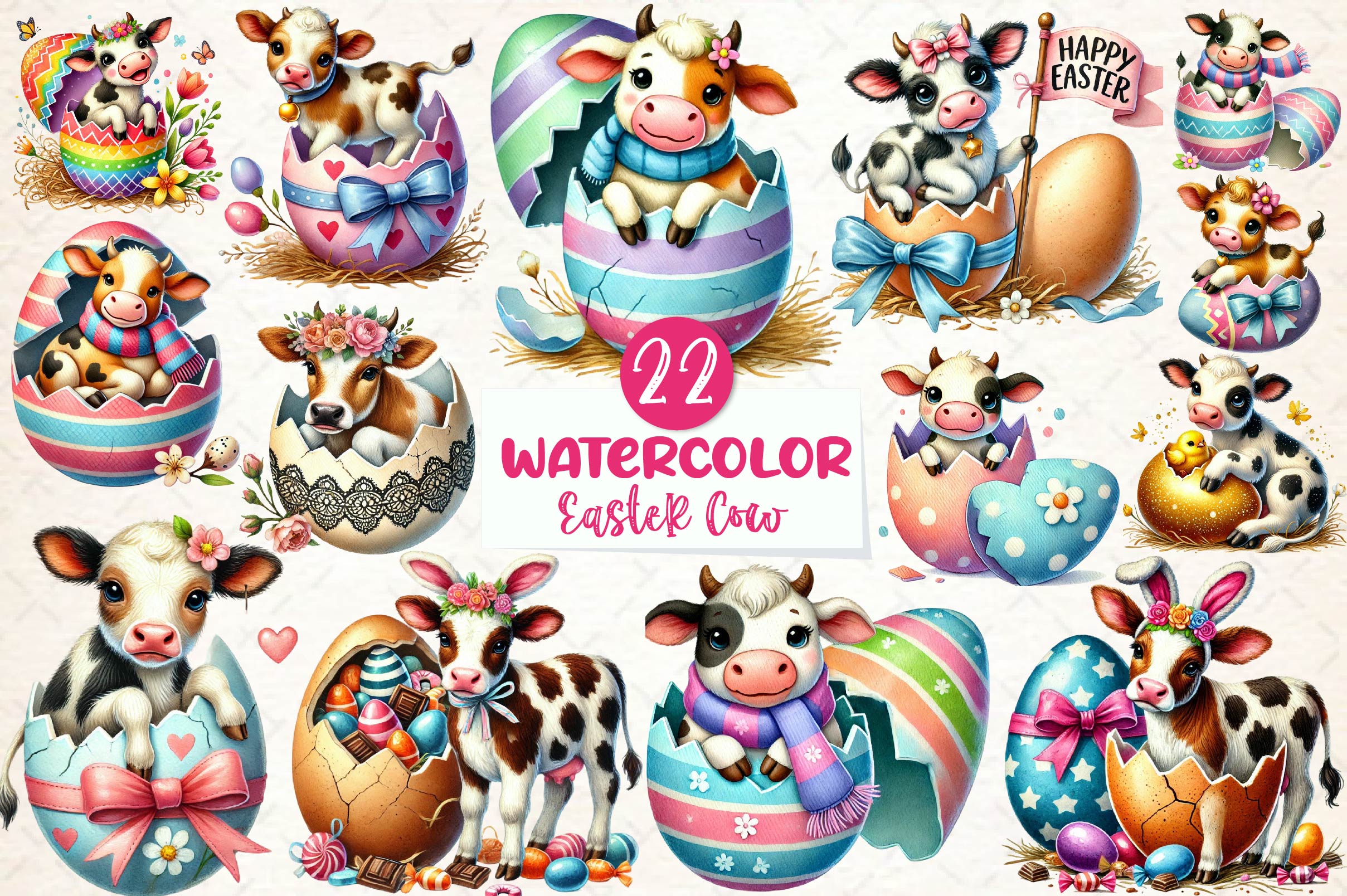Easter Cow On Cracked Egg Clipart Bundle