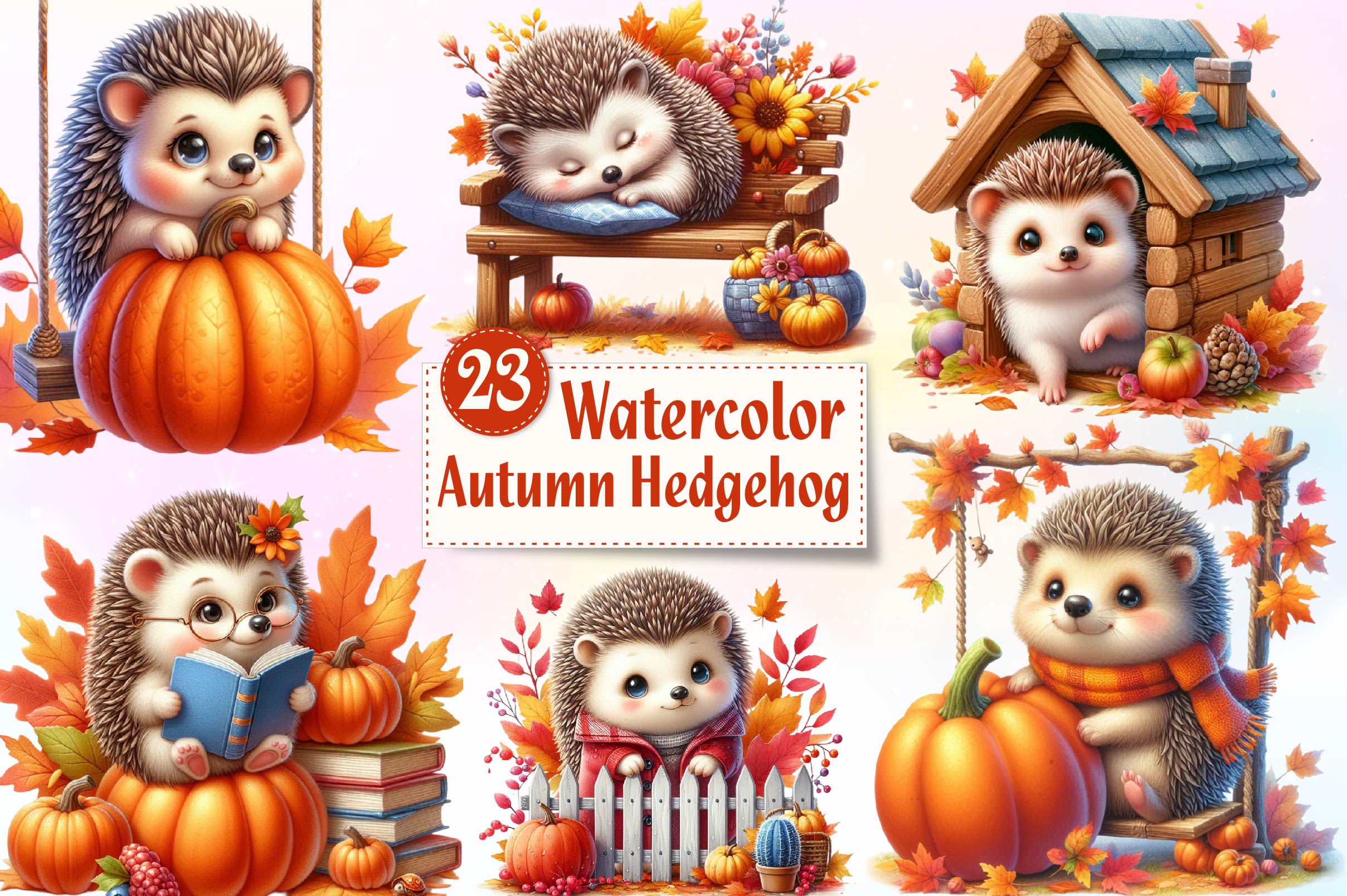 Autumn Cute Hedgehog Clipart Bundle