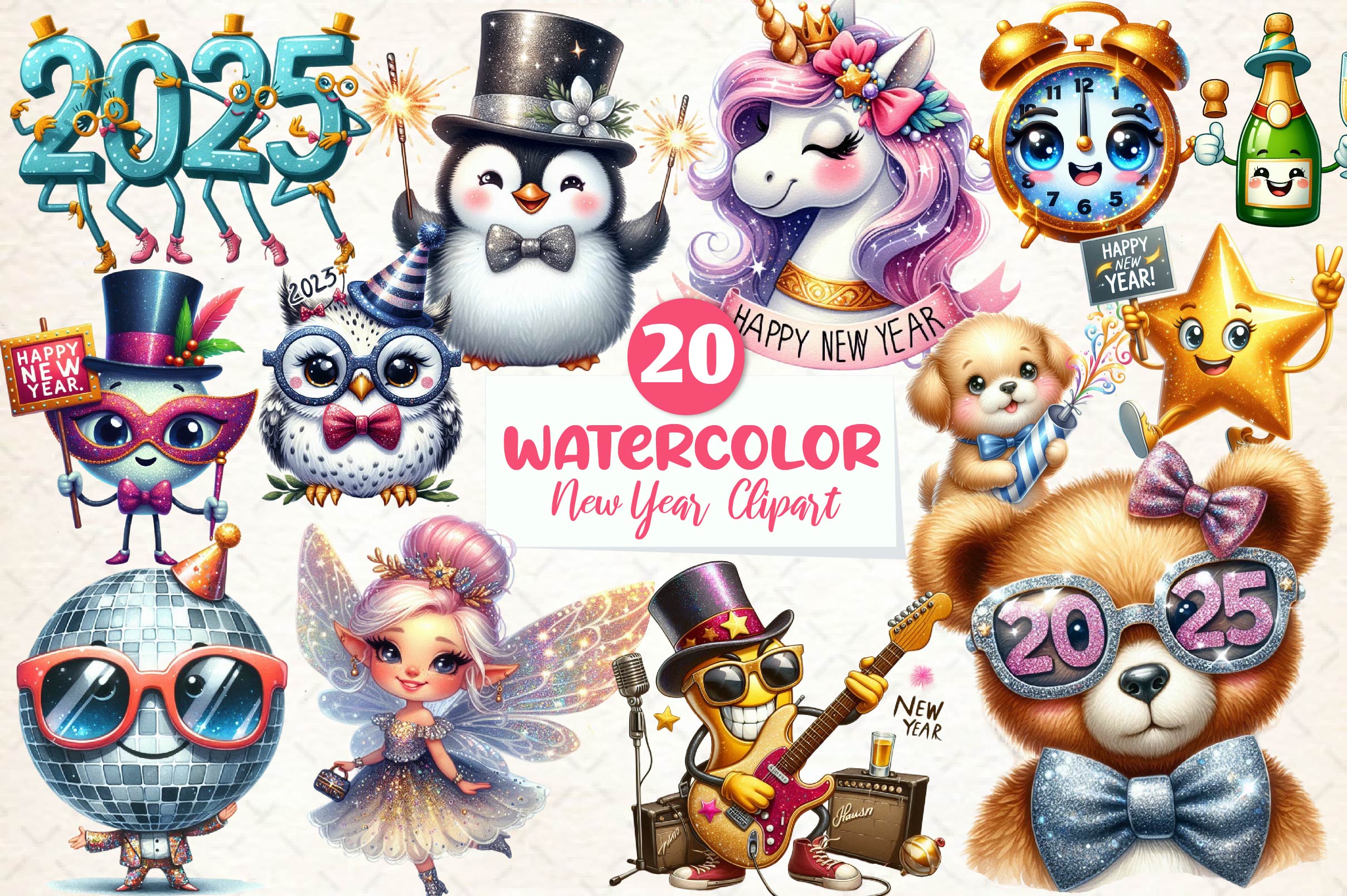 Sparkling New Year Character Clipart Bundle