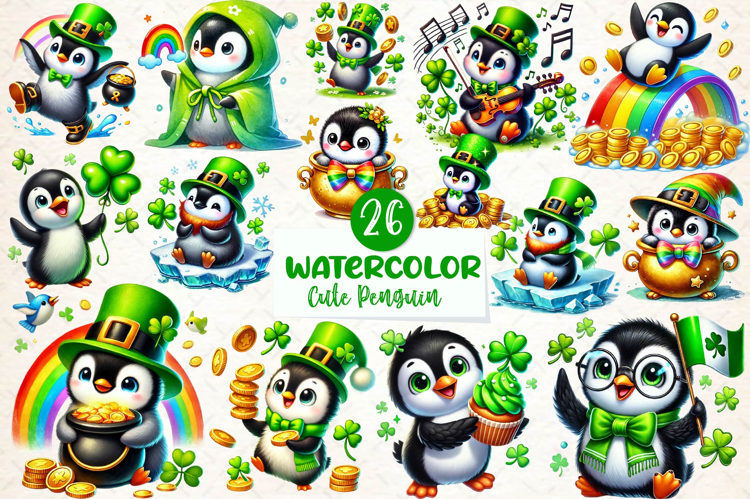 St Patricks Day Cute Penguin Clipart Bundle
