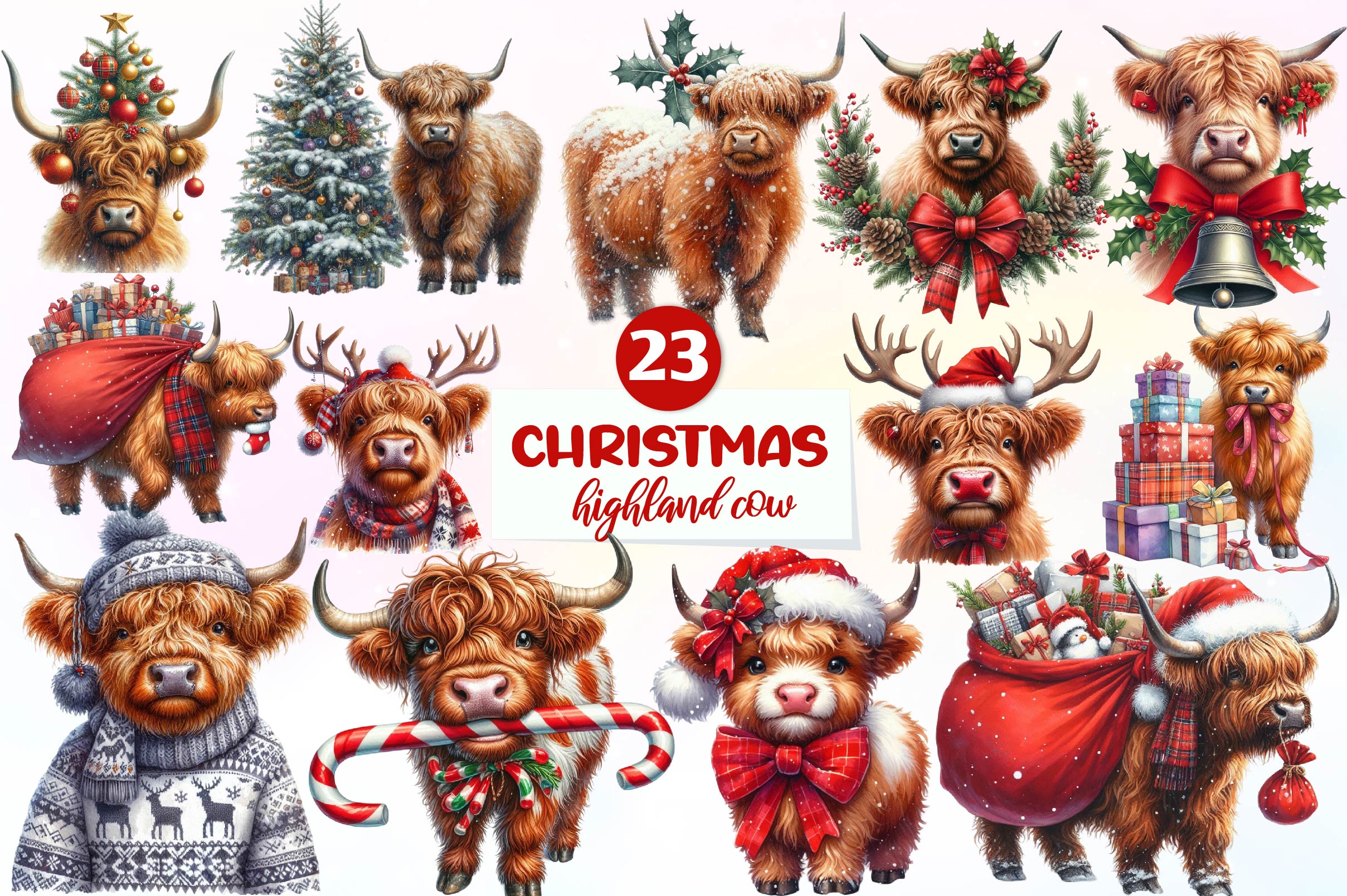 Christmas Highland Cow Clipart Bundle 6