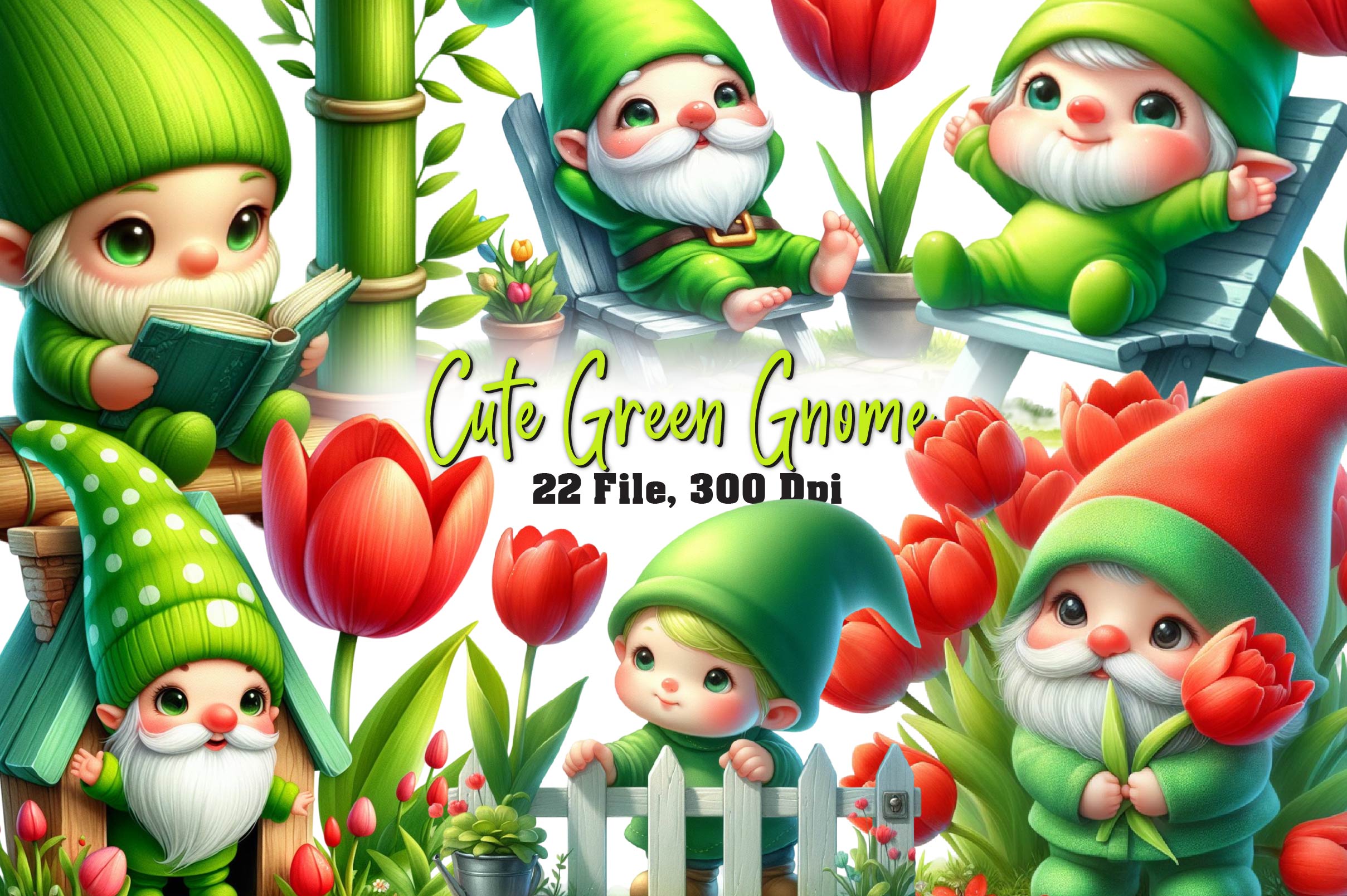 Cute Green Gnome Clipart Bundle