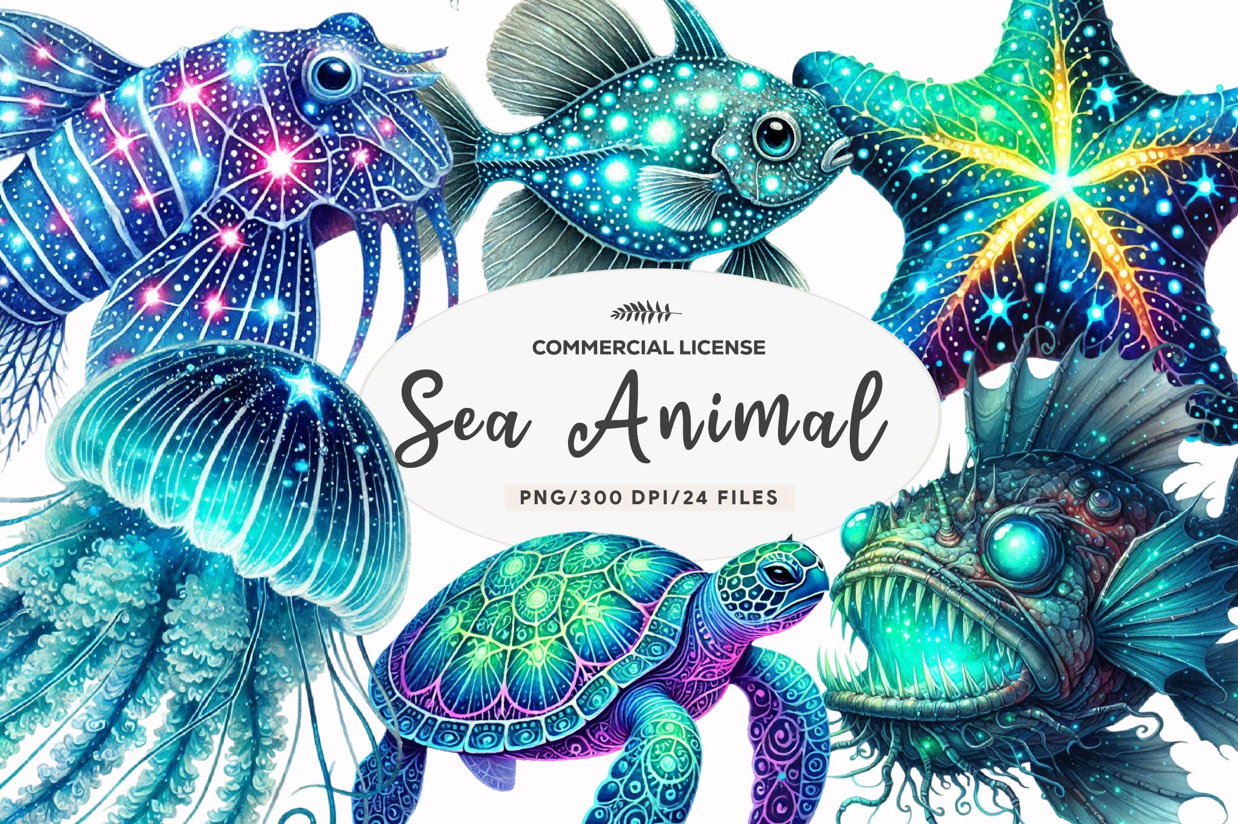 Bioluminescent Sea Animal Cliparts Clipart Bundle