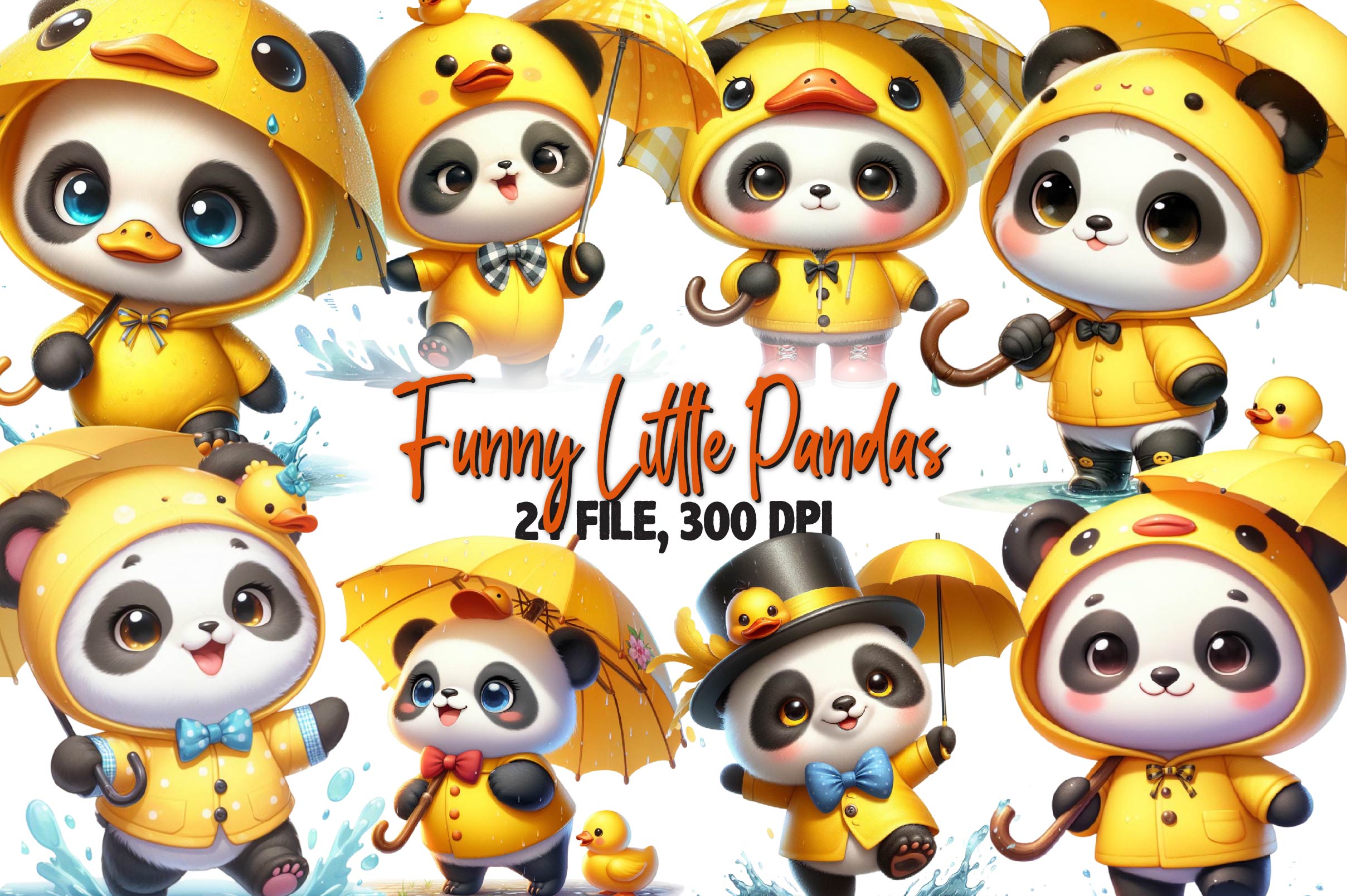 Funny Little Pandas Umbrella Clipart Bundle