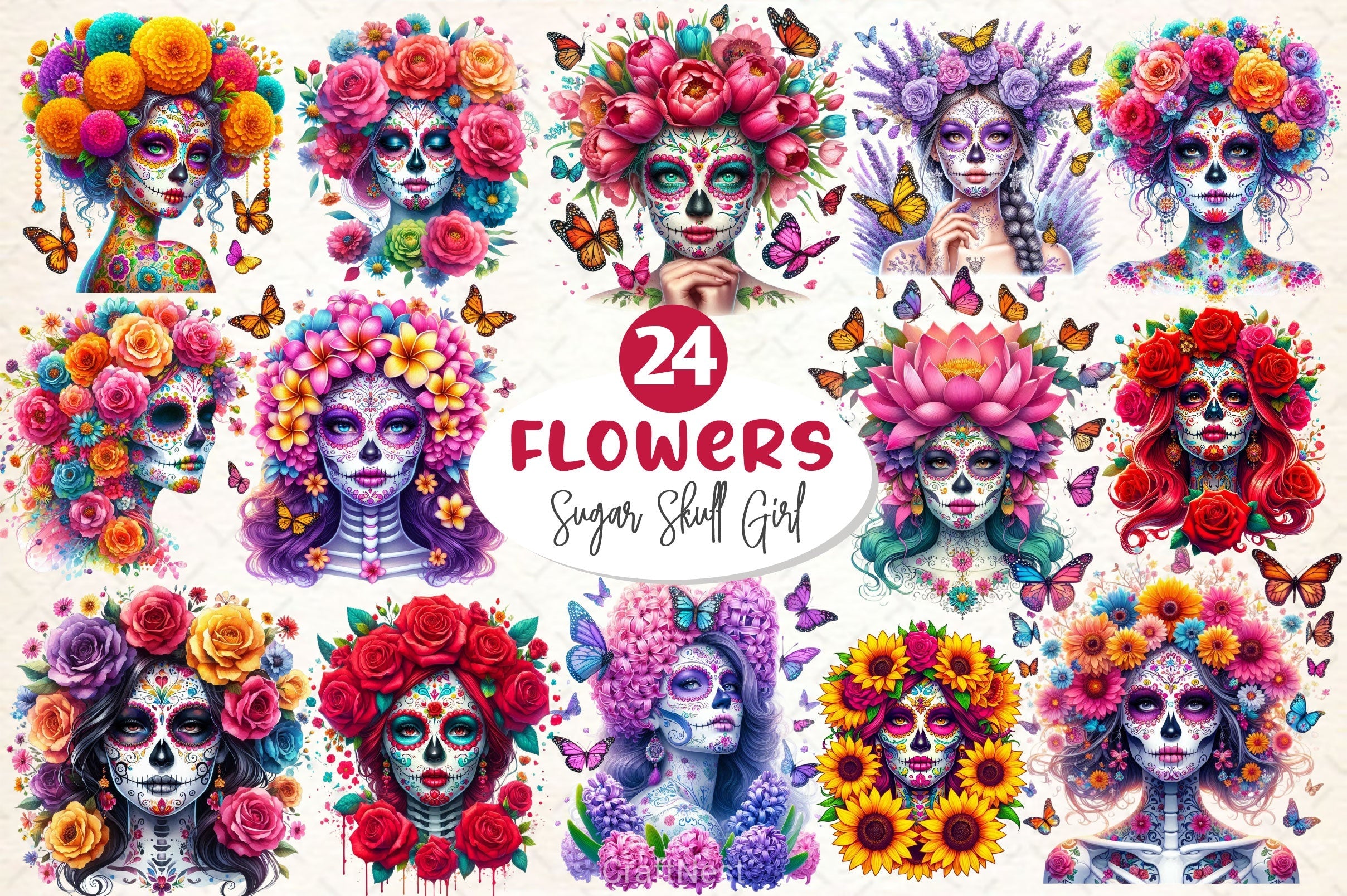 Flowers Sugar Skull Girl Clipart Bundle 2