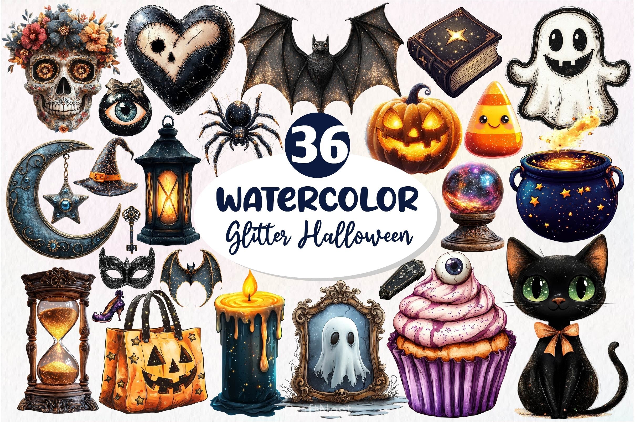 Vintage Glitter Halloween Clipart Bundle
