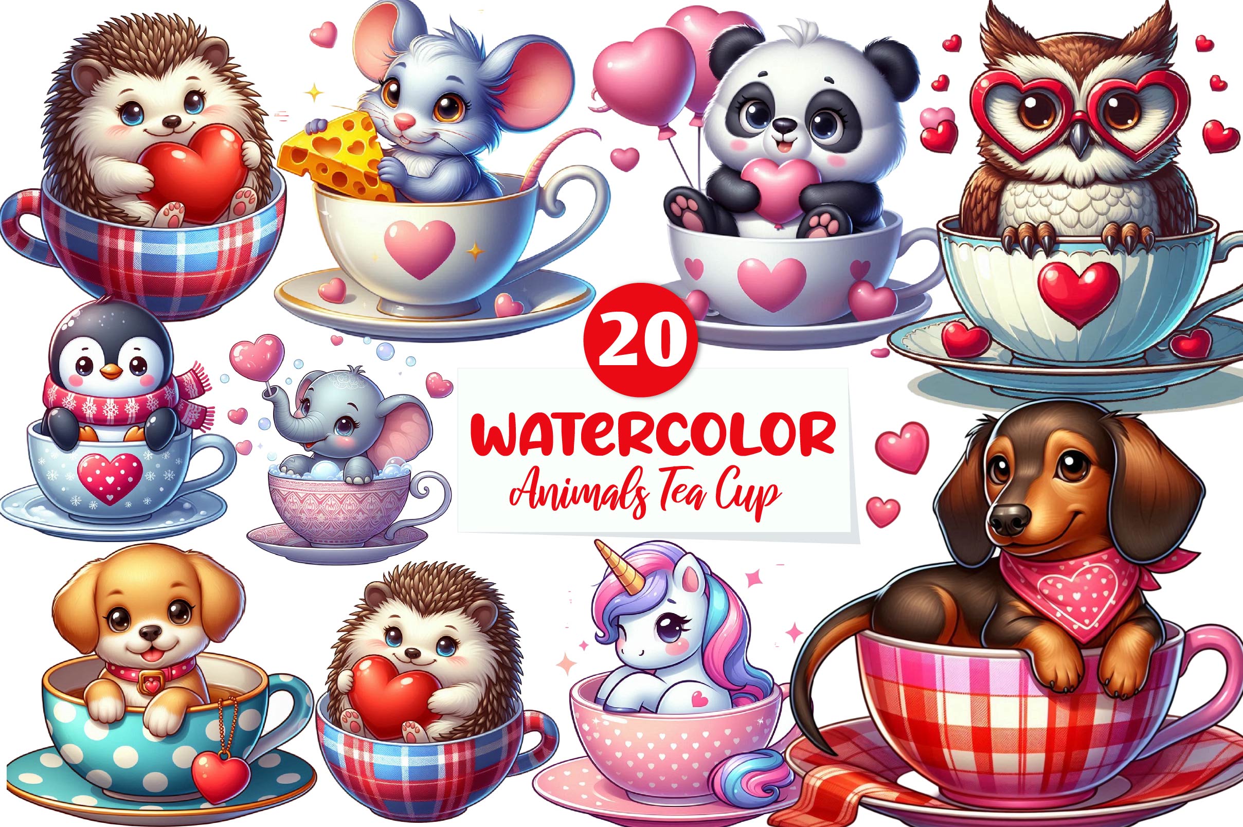 Valentine Animals Tea Cup Clipart Bundle